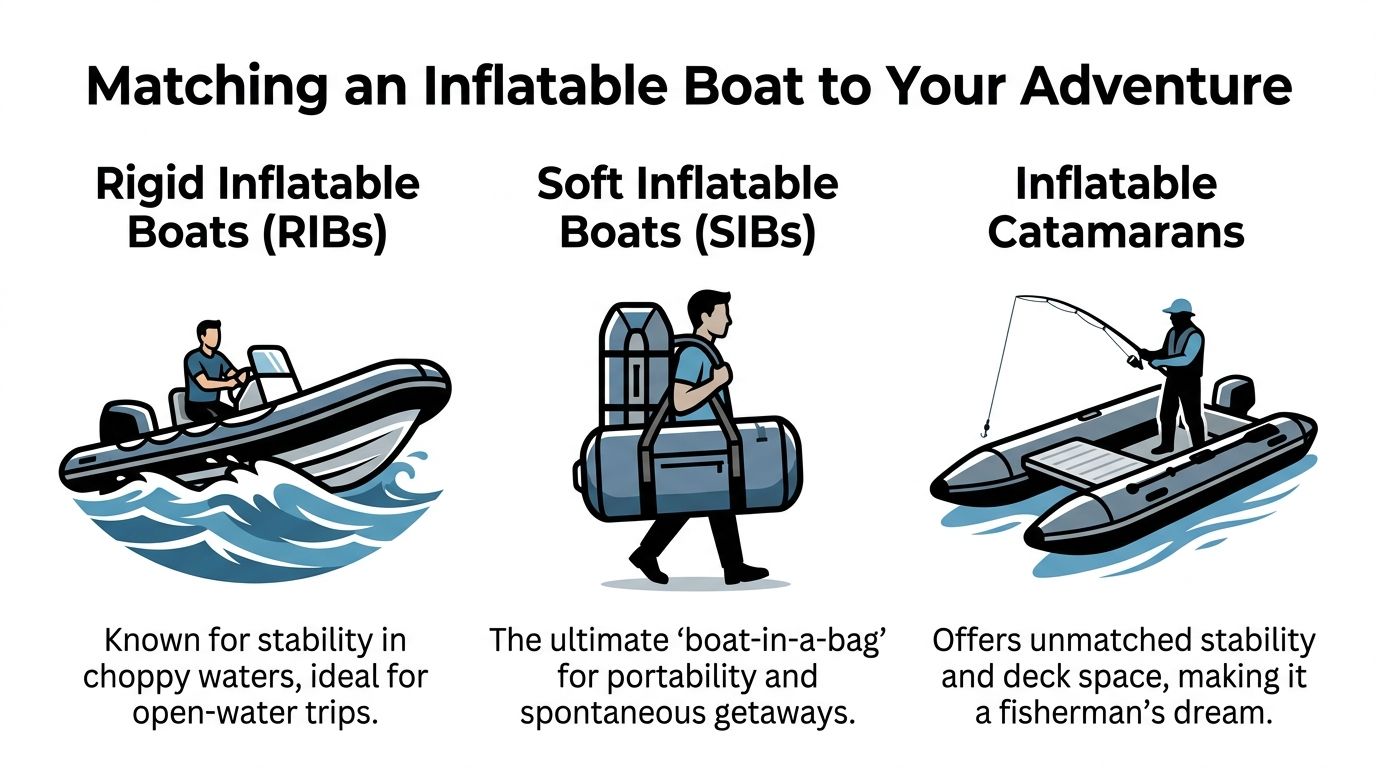 A comparison guide for choosing between rigid inflatable boats, soft inflatable boats, and inflatable catamarans for adventures.