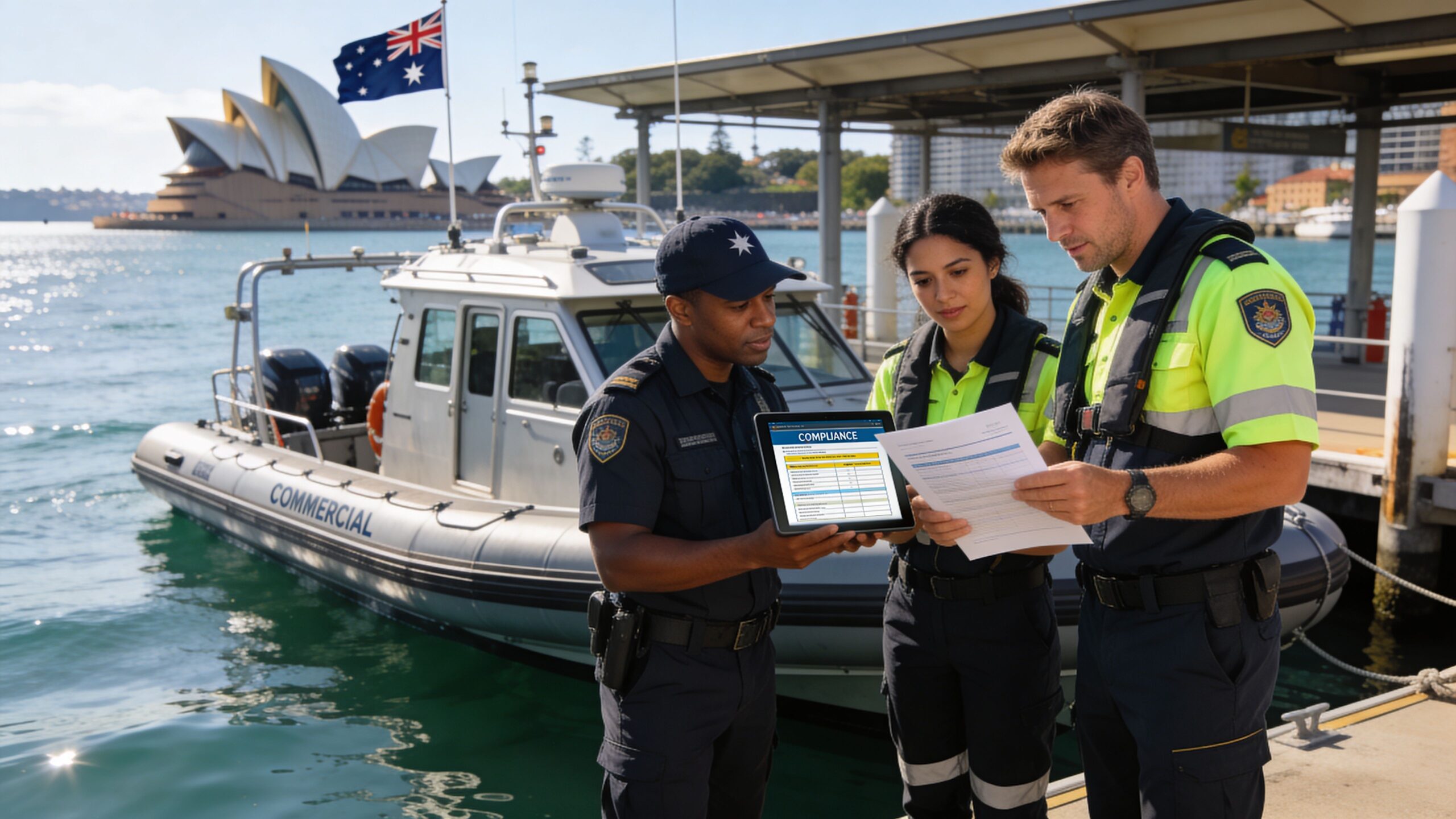 Two police officers and a maritime official inspecting compliance documents beside a commercial inflatable boat in Sydney.