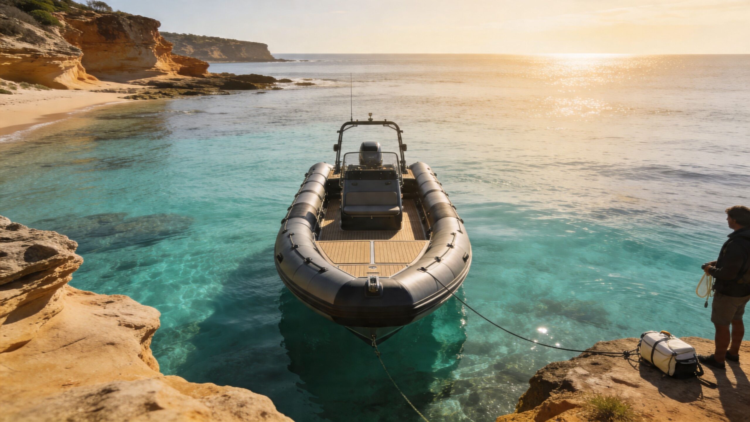 A modern rigid inflatable boat anchored in crystal clear turquoise water off a rocky Australian coastline.