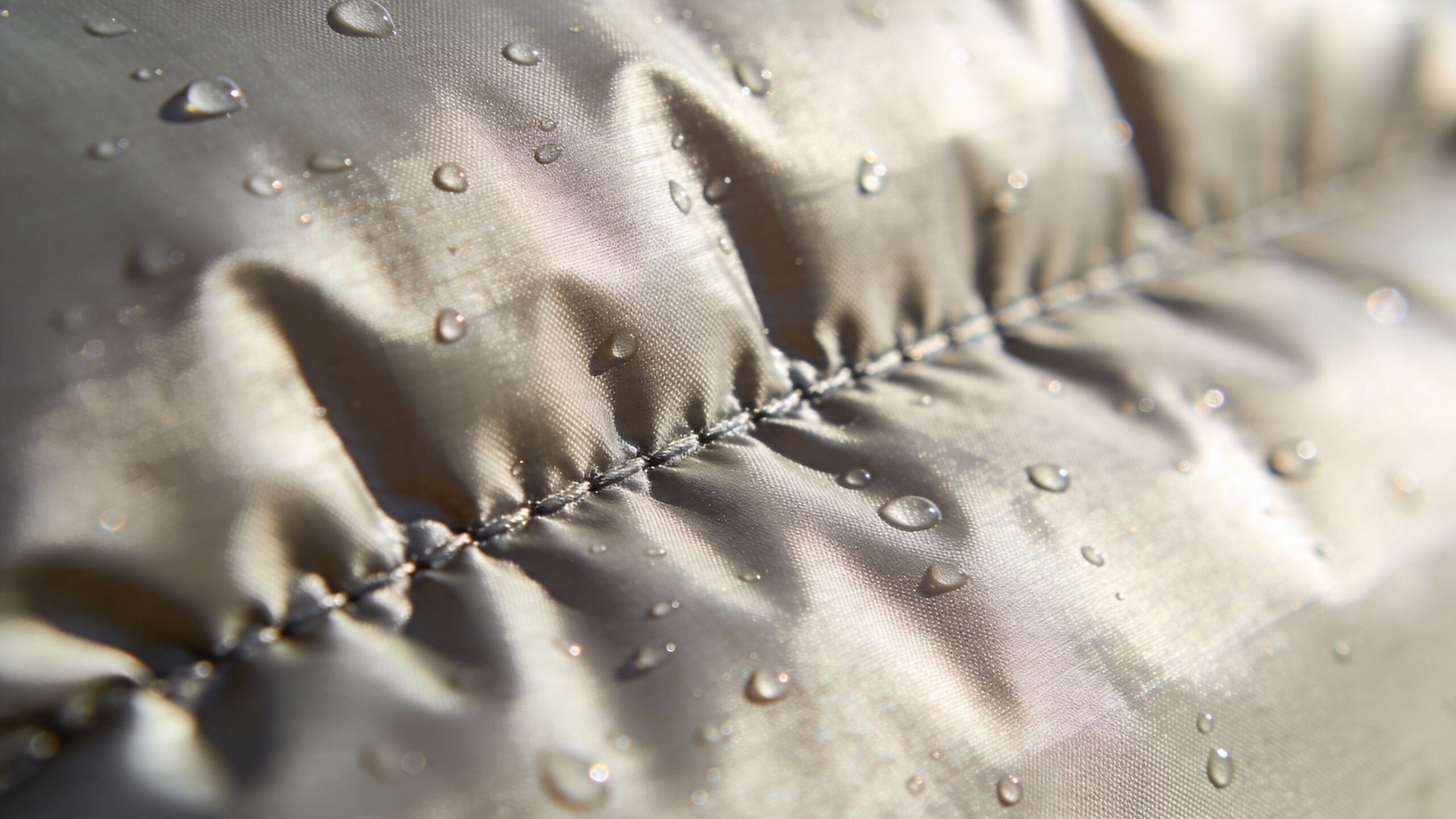 Close up view of water droplets beading on a waterproof silver fabric surface with visible stitching