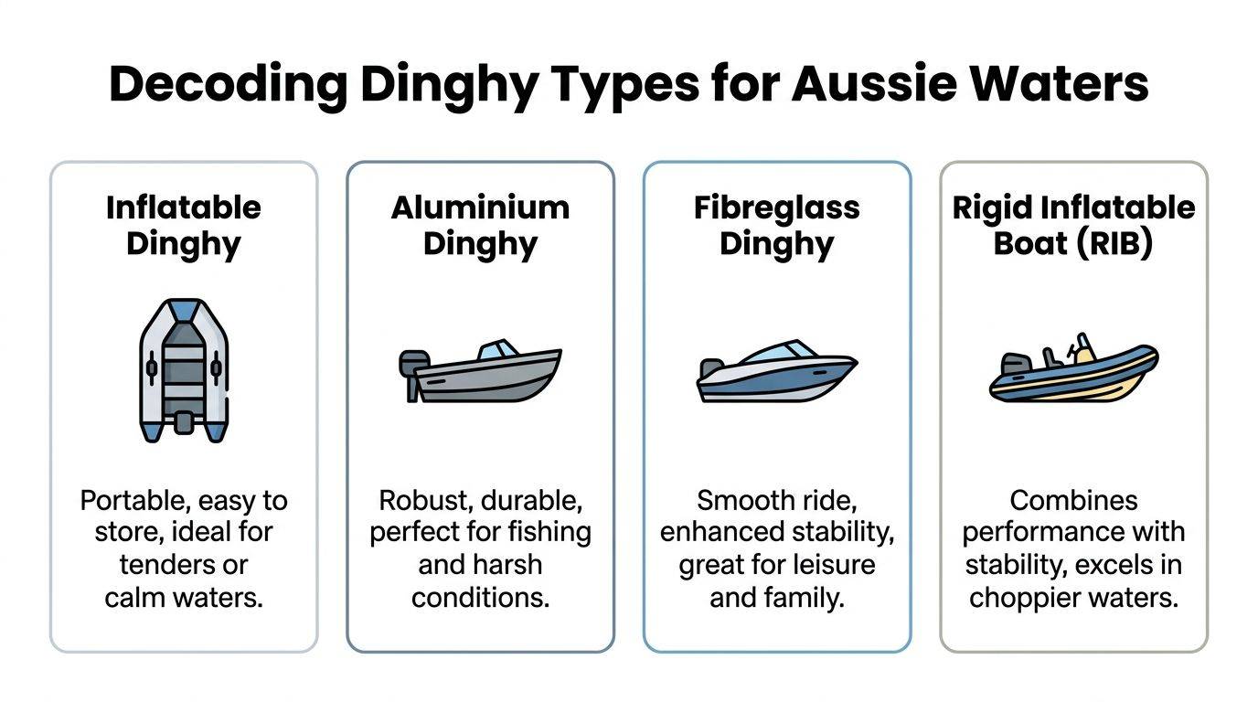 A chart illustrating different types of dinghies for Australian waters including inflatable, aluminium, fibreglass, and RIB boats.