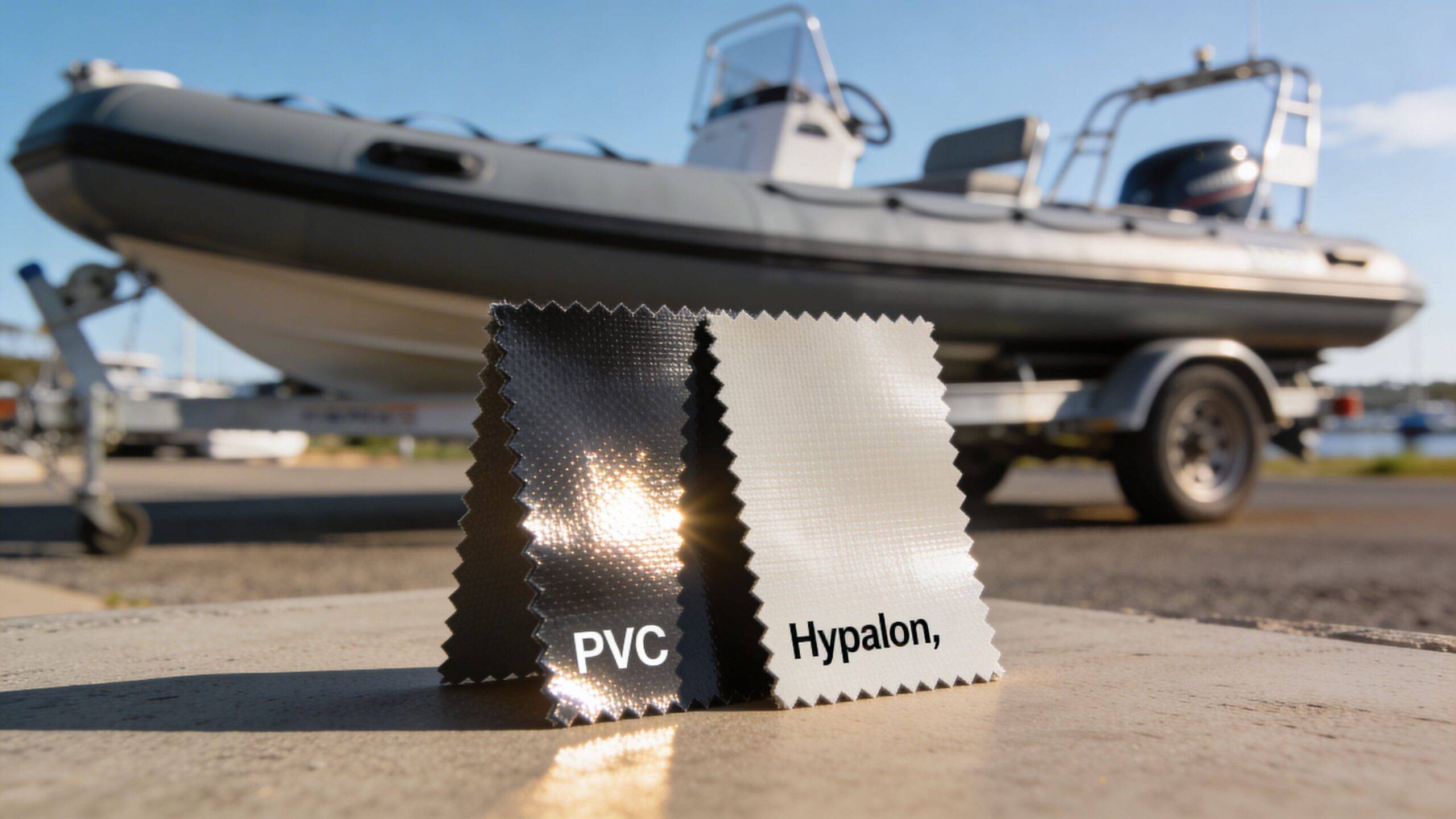 A close-up of PVC and Hypalon fabric samples in front of an inflatable boat on a trailer.