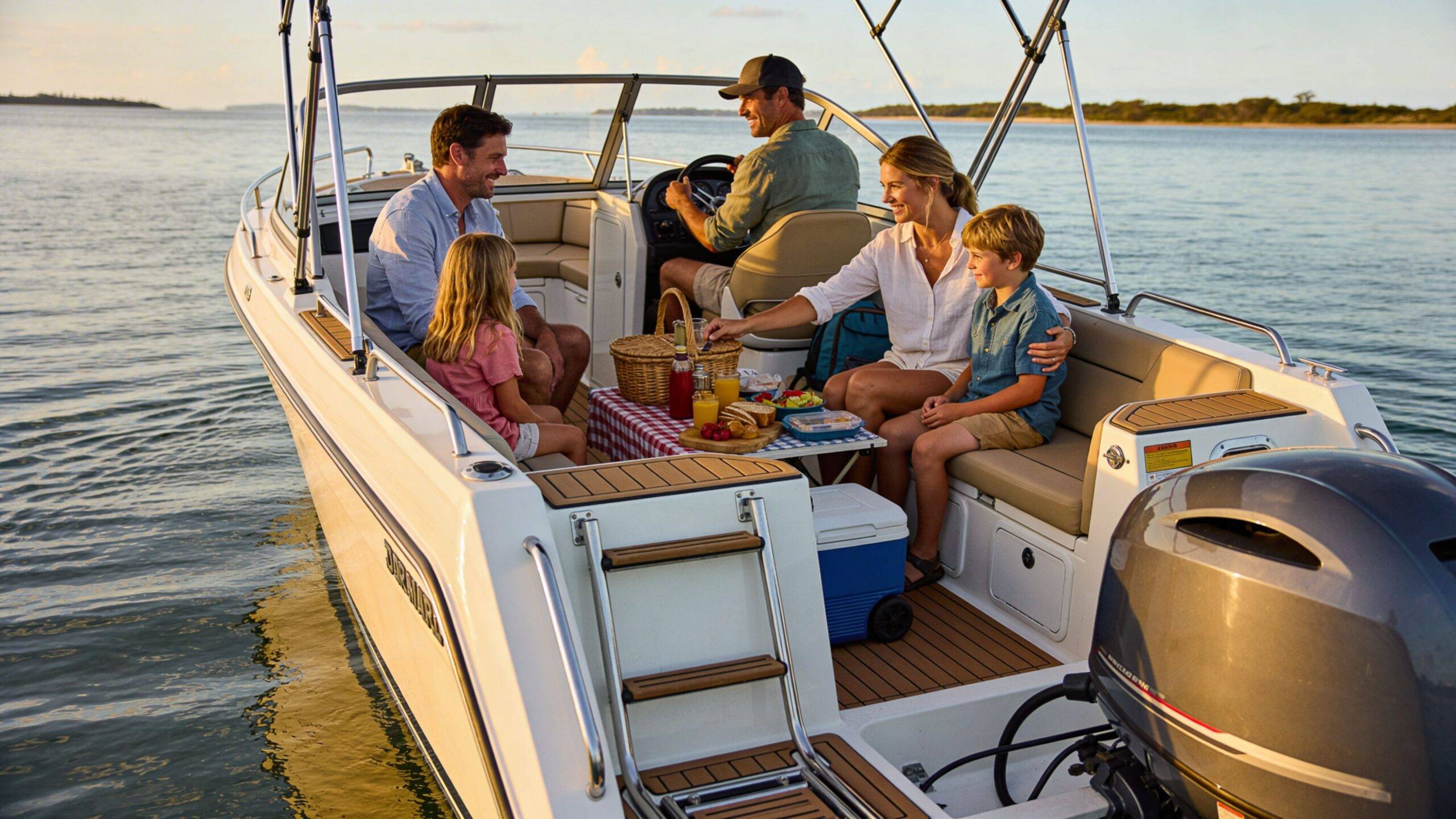 A happy family enjoys a sunset picnic on a modern boat cruising on calm water.