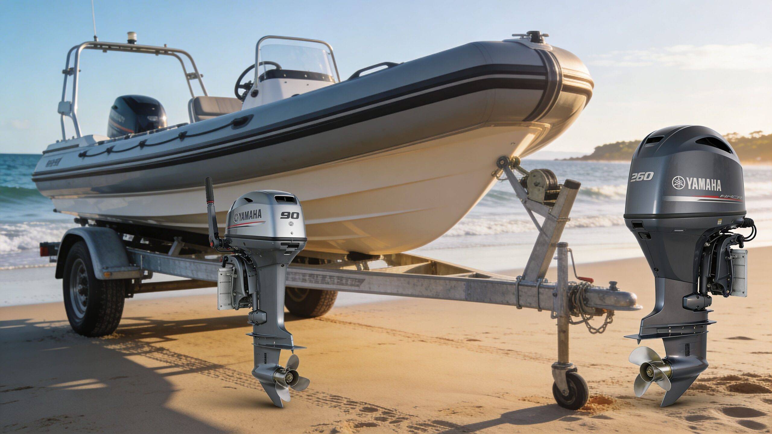 A rigid inflatable dinghy on a boat trailer on a beach with two outboard motors displayed prominently.