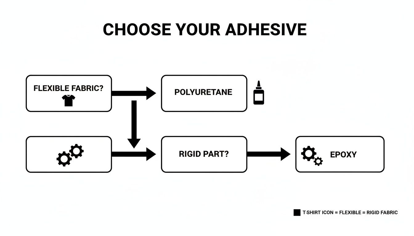 Flowchart guiding adhesive selection for flexible fabric (polyurethane) or rigid parts (epoxy).