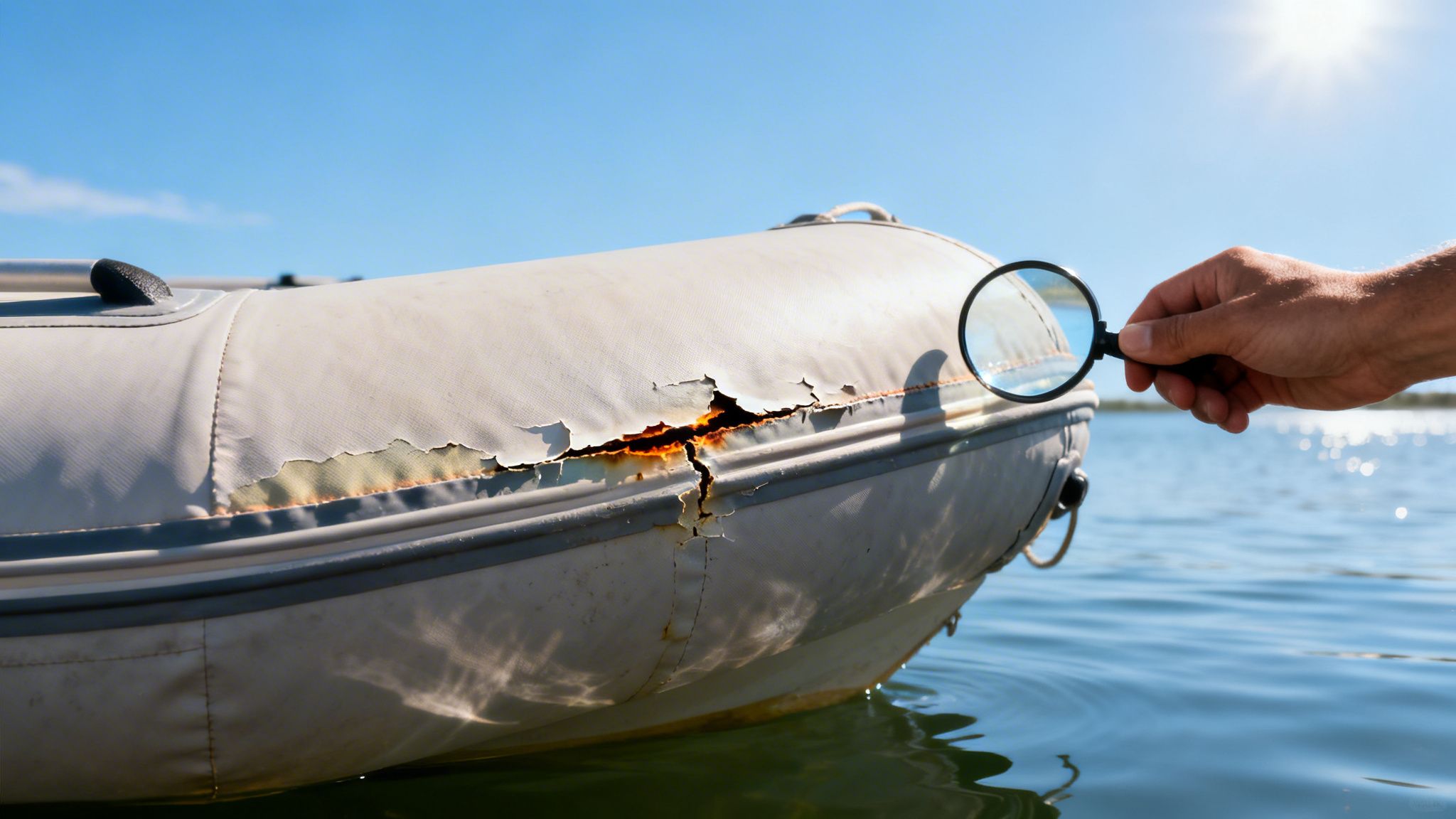 A hand holds a magnifying glass inspecting severe peeling and rust on a damaged inflatable boat.