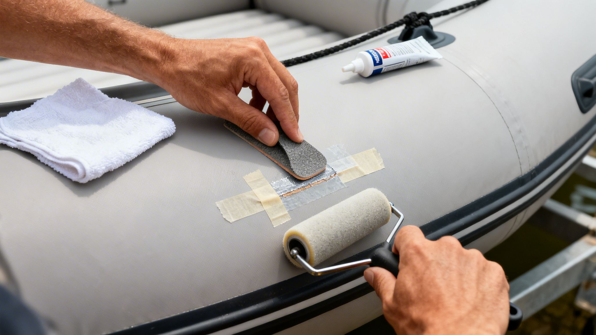 Person sanding a patched area on a grey inflatable boat with repair tools.