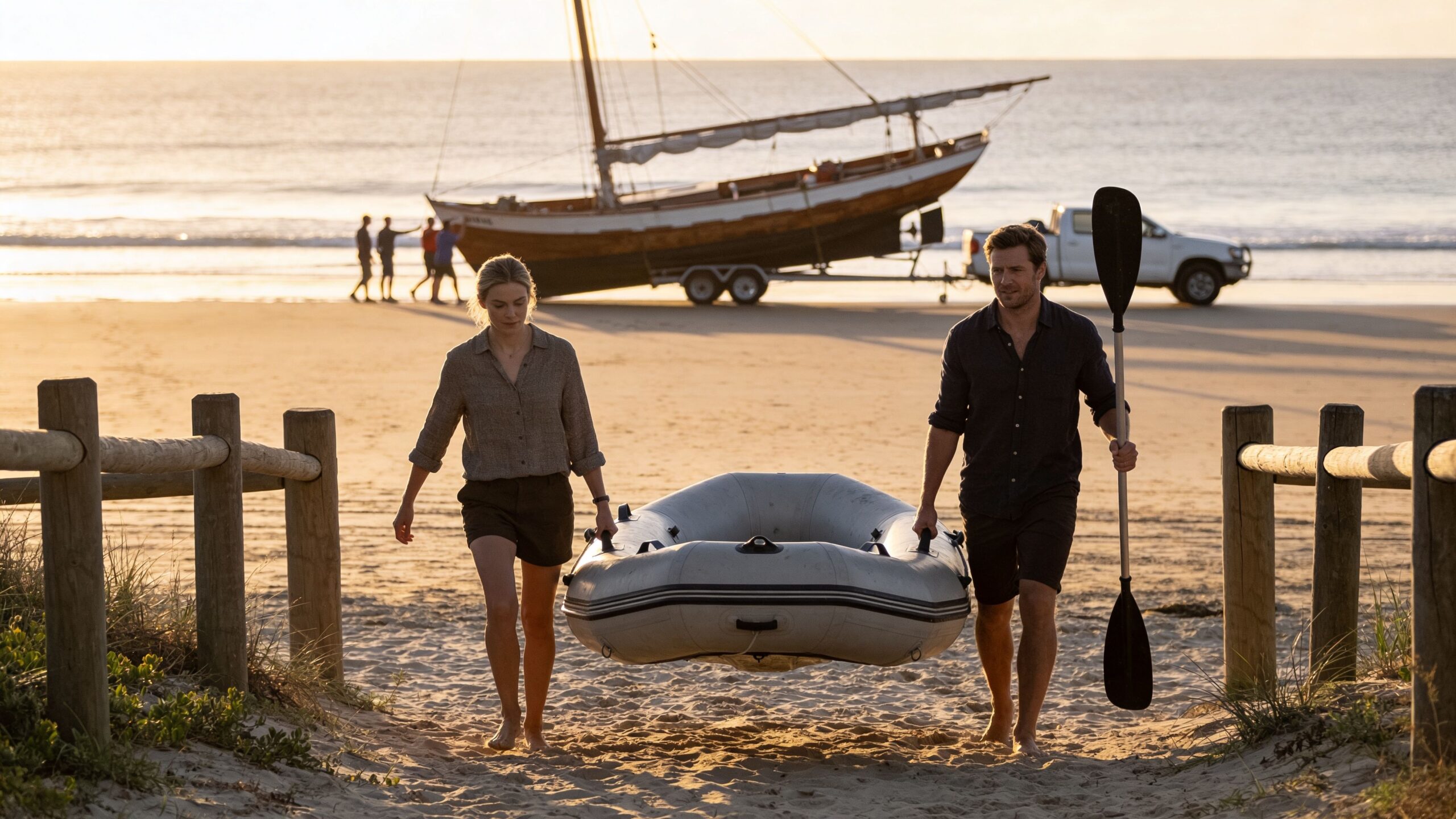 A couple carrying an inflatable boat across a sunny beach with a sailboat on a trailer nearby.
