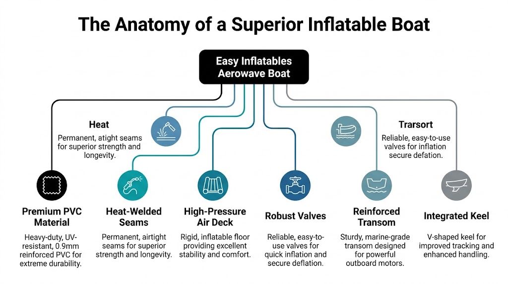 A diagram illustrating the anatomy and construction features of an Easy Inflatables Aerowave boat.