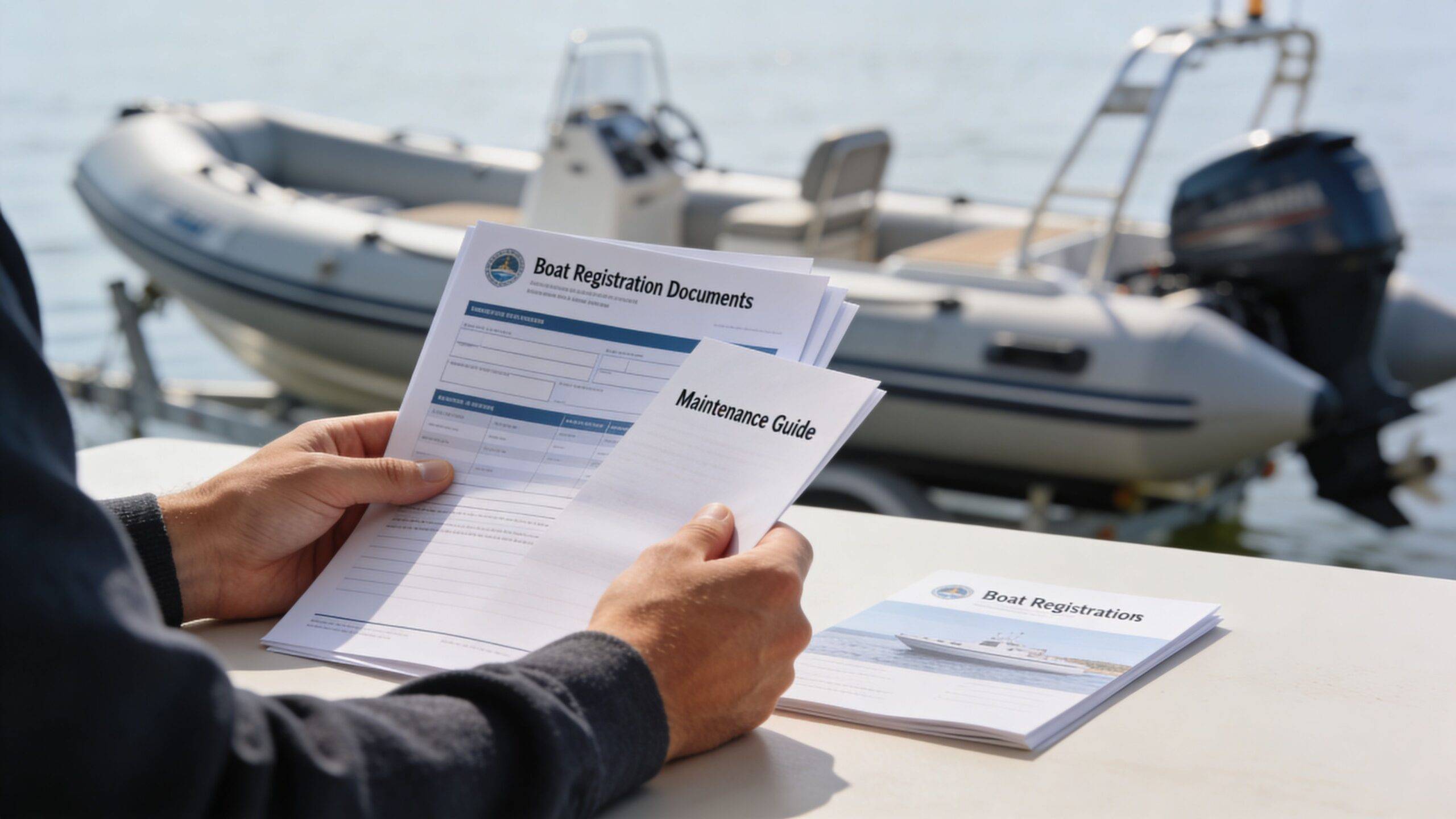 A person holding boat registration documents and a maintenance guide in front of an inflatable boat.