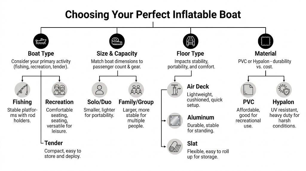 A flowchart illustrating the key factors to consider when choosing the perfect inflatable boat, including type, size, and materials.