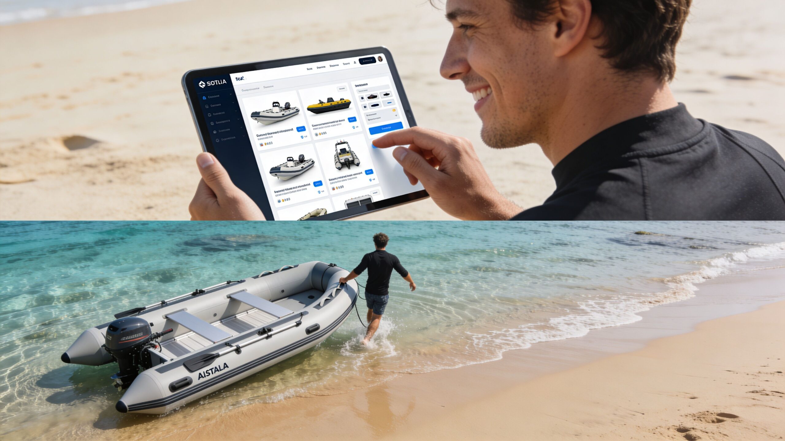 A man shops for an inflatable boat online on his tablet while standing on a sunny beach.