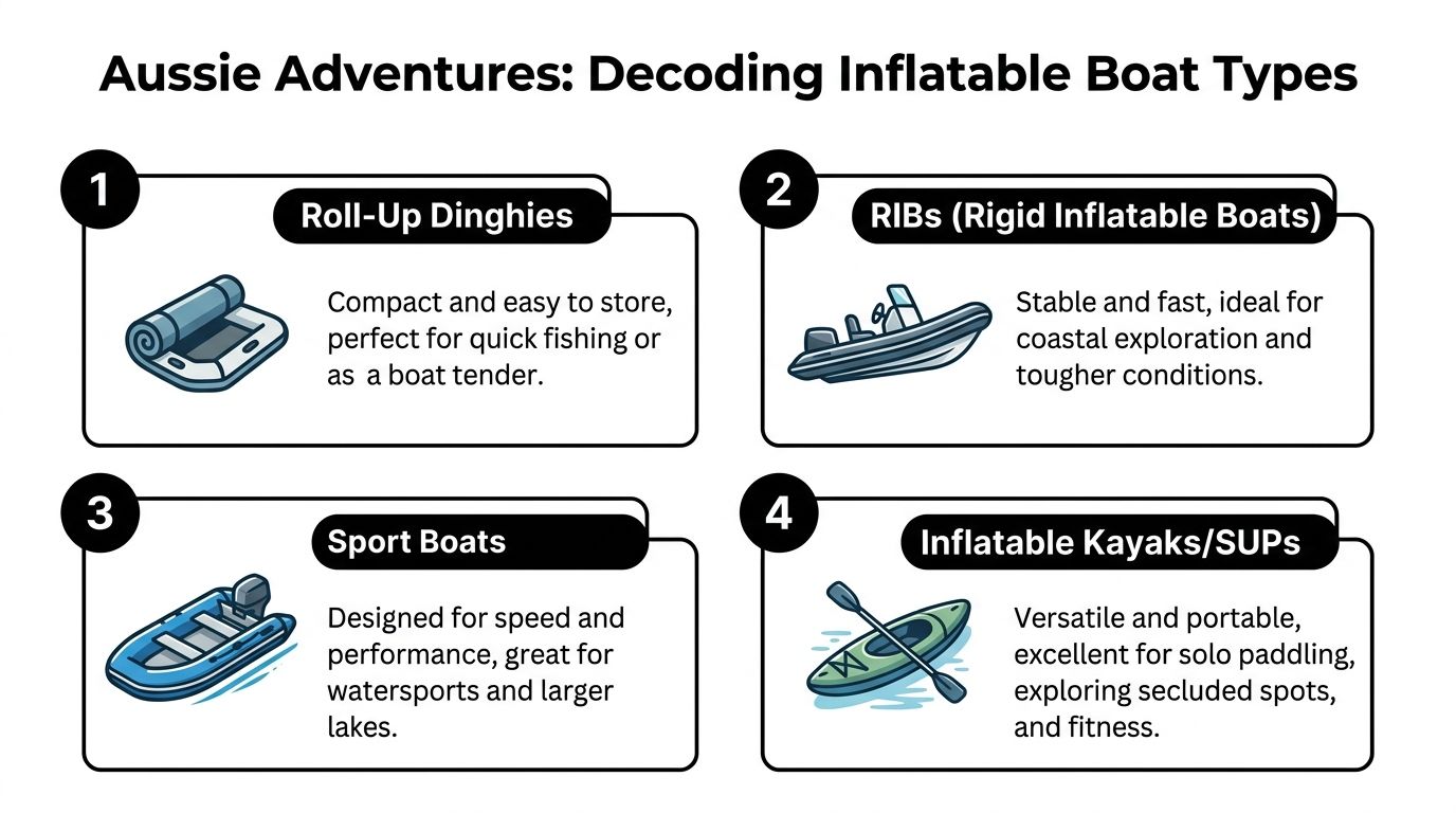An infographic titled Aussie Adventures showing four types of inflatable boats including dinghies, RIBs, sport boats, and kayaks.