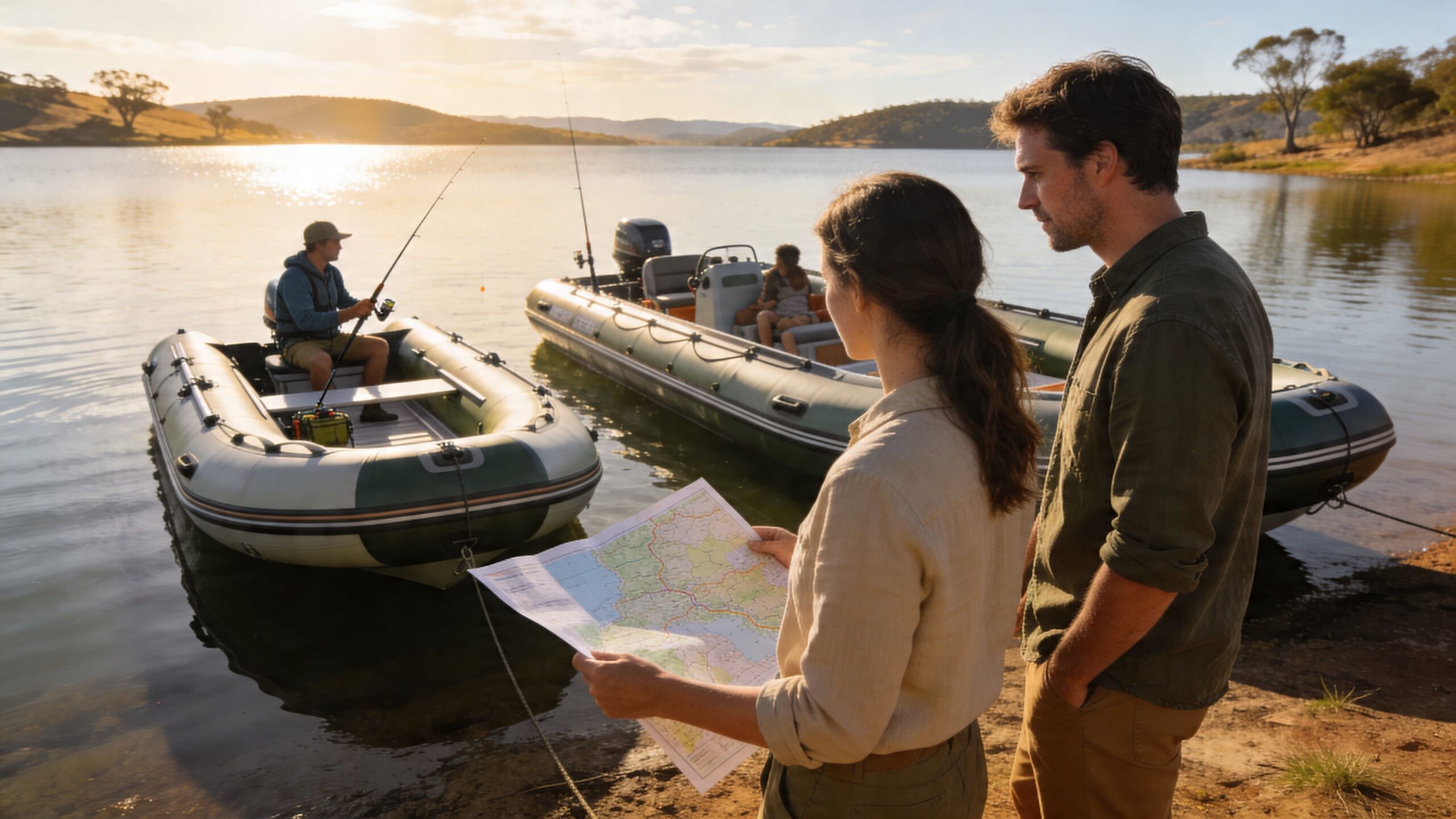 A couple looking at a map near inflatable boats on a lake with a person fishing nearby.
