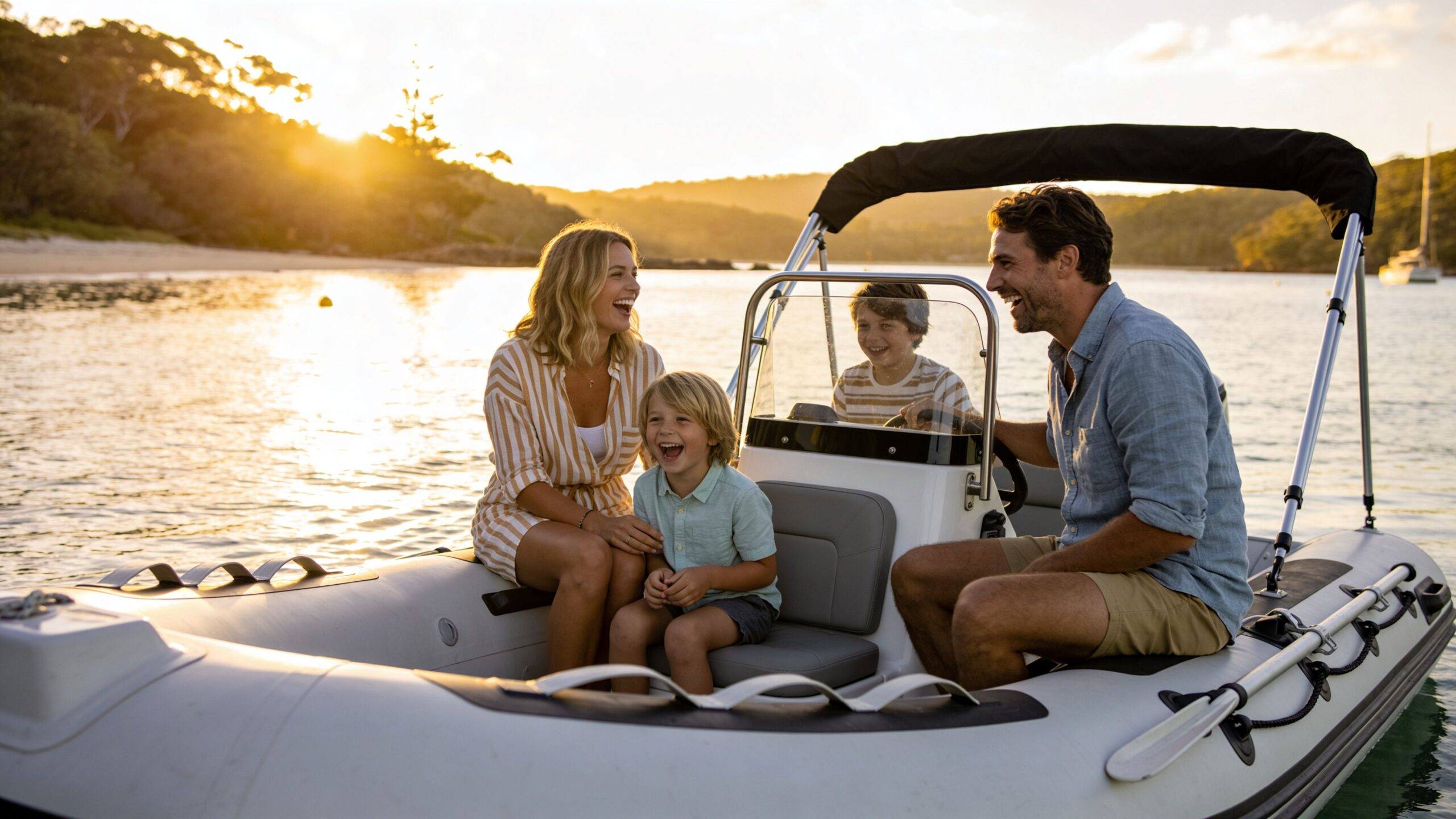 A happy family laughing together while riding in an inflatable boat on a sunny day.