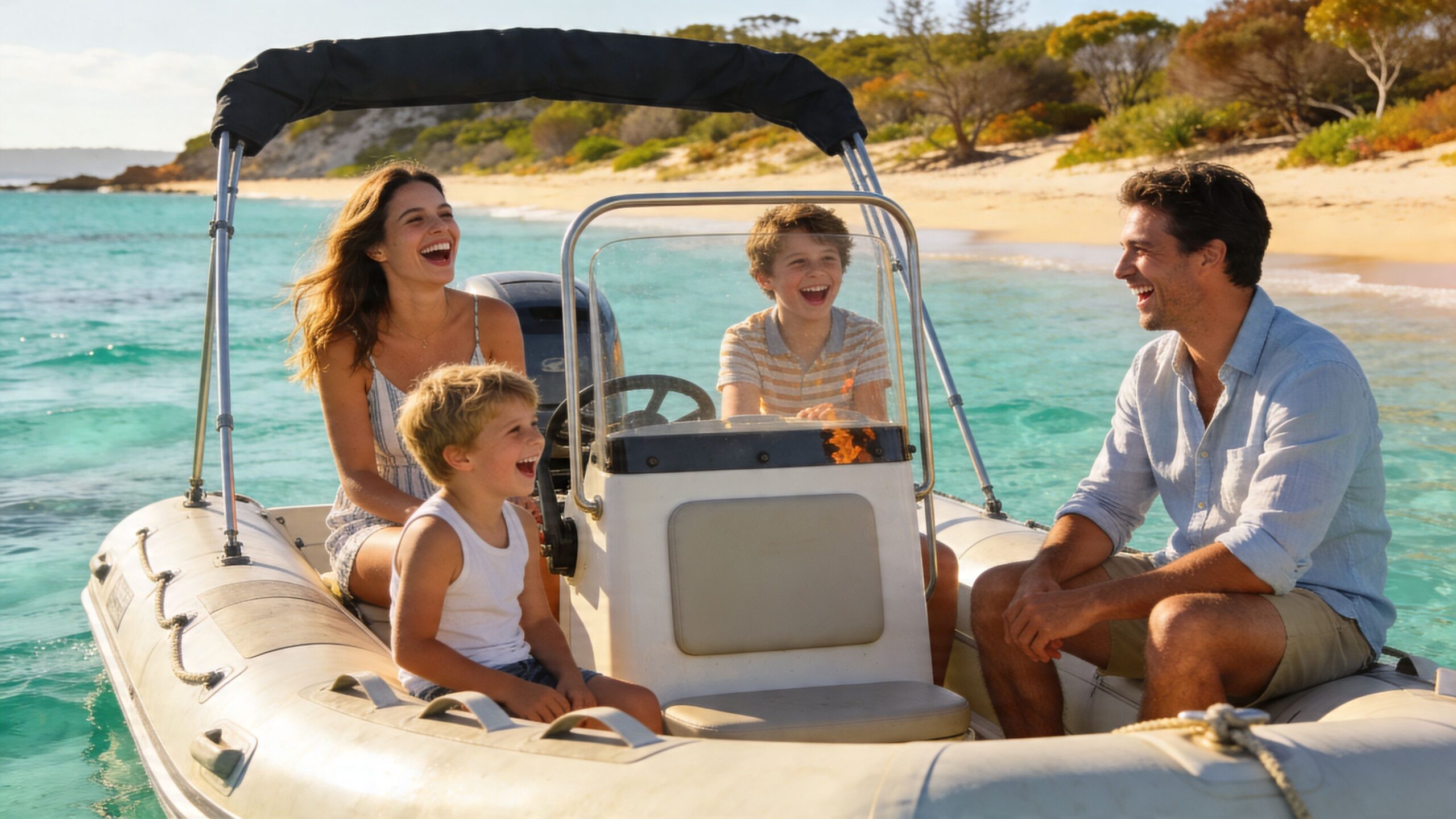 A happy family of four laughing while riding on an inflatable boat near a sunny beach.