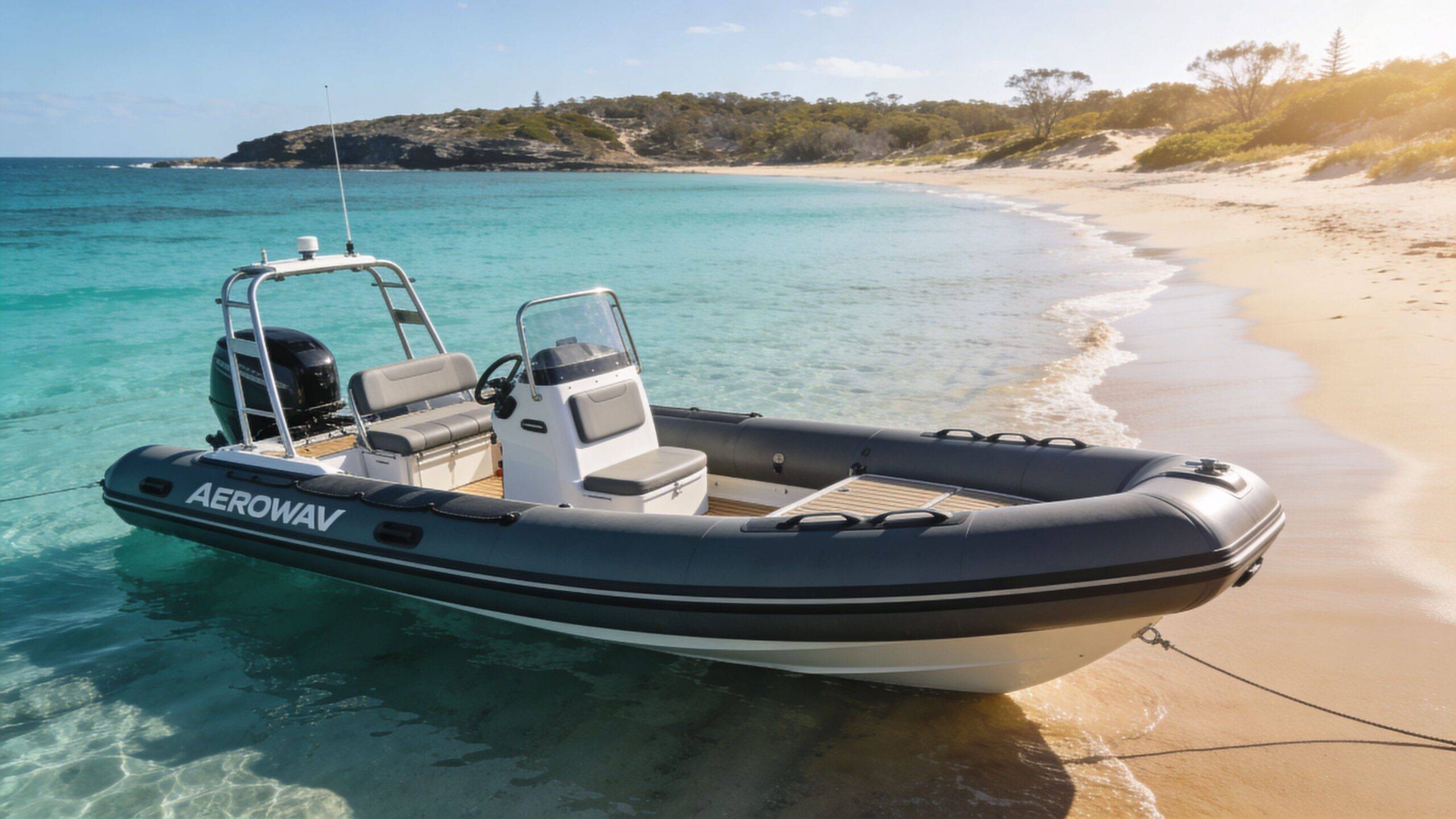 An Aerowav inflatable boat moored on a sunny beach with turquoise water in Australia.