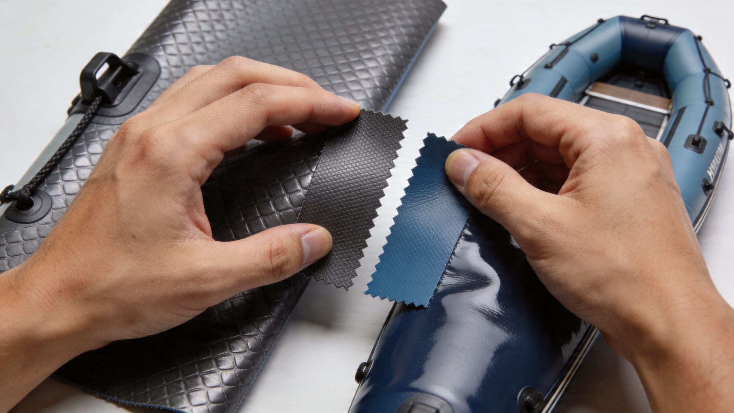 A pair of hands comparing small fabric swatches against a textured grey bag and a blue inflatable boat.