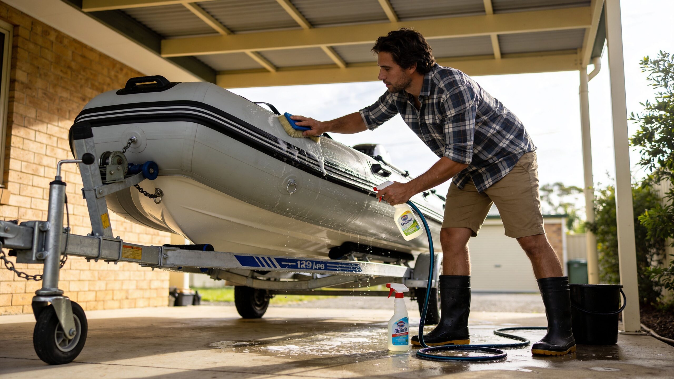 A man in a plaid shirt washing an inflatable boat on a trailer with soap and sponge.