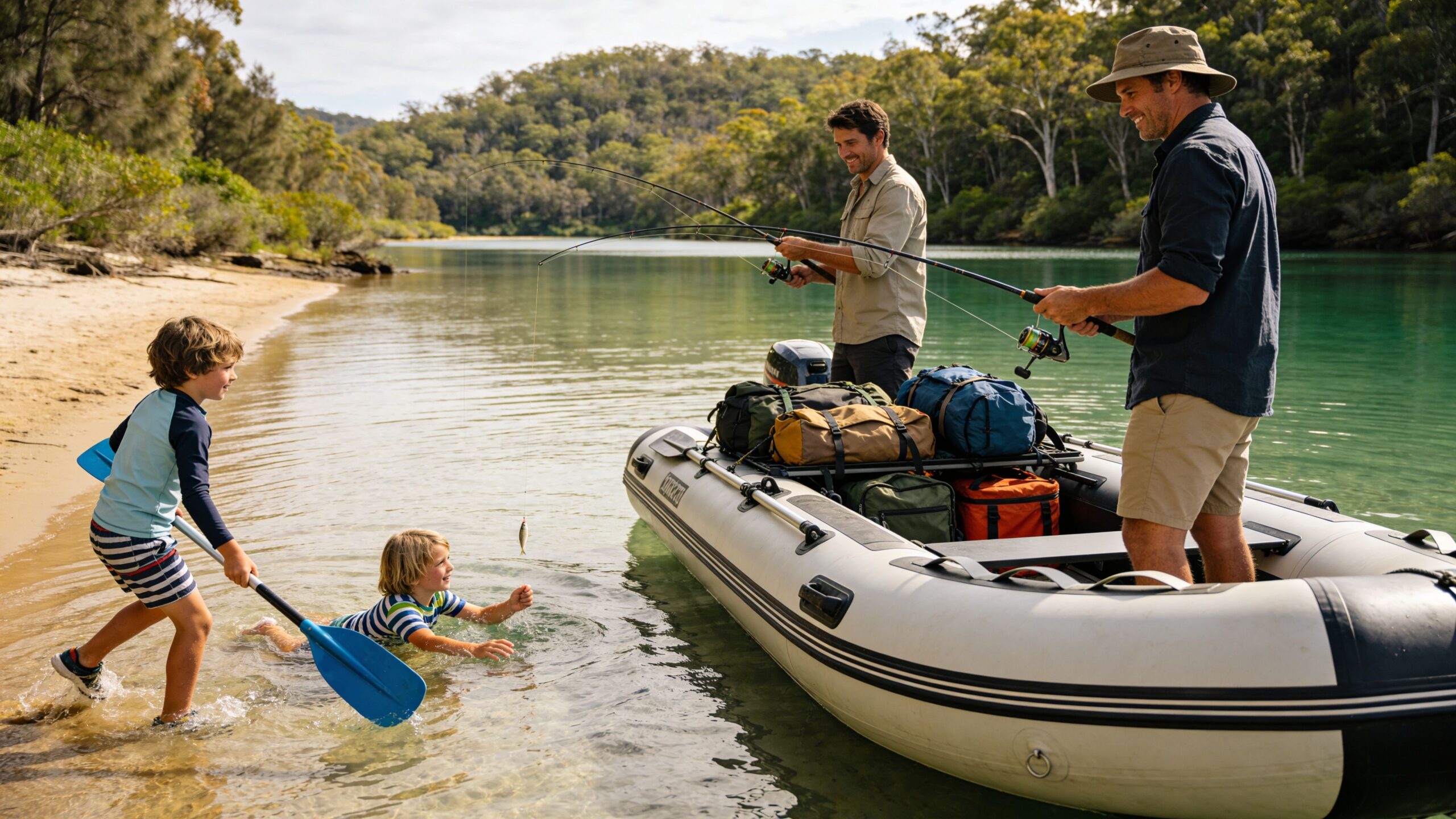 A family enjoys a sunny day fishing and swimming from an inflatable boat on an Australian river.