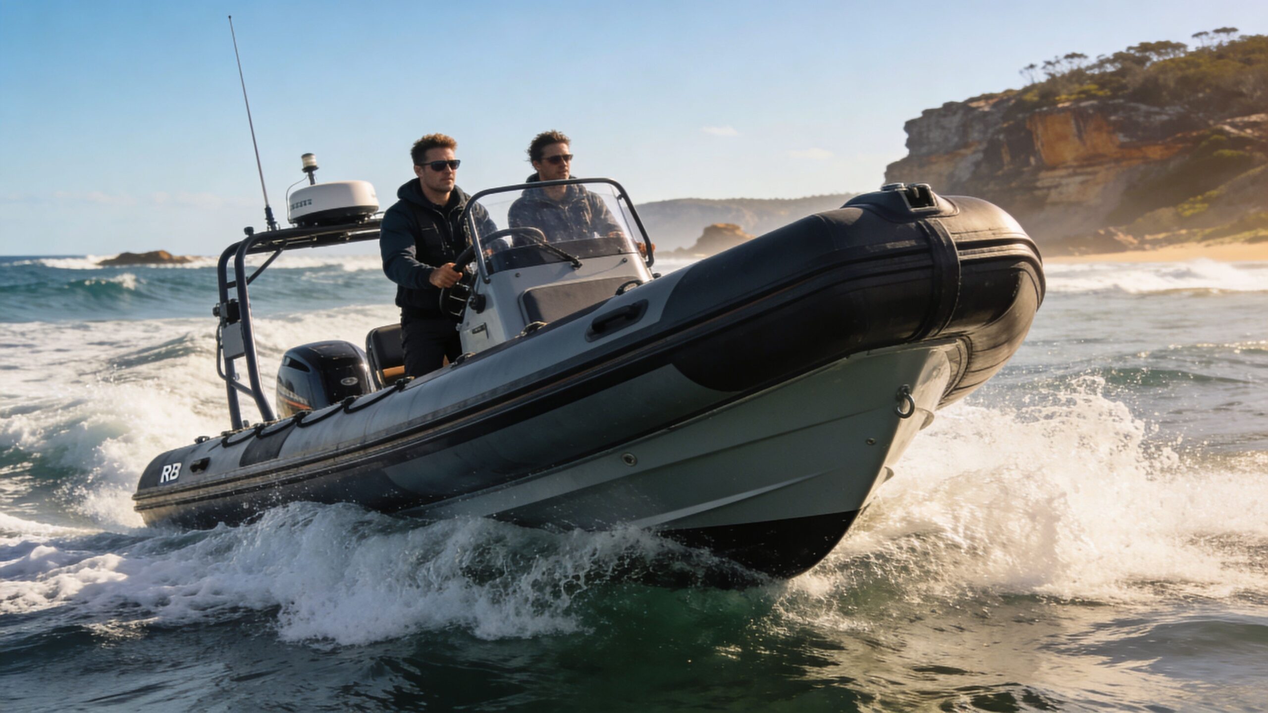 Two men navigating an inflatable rescue boat through choppy coastal waters near a sandy beach and cliffs.