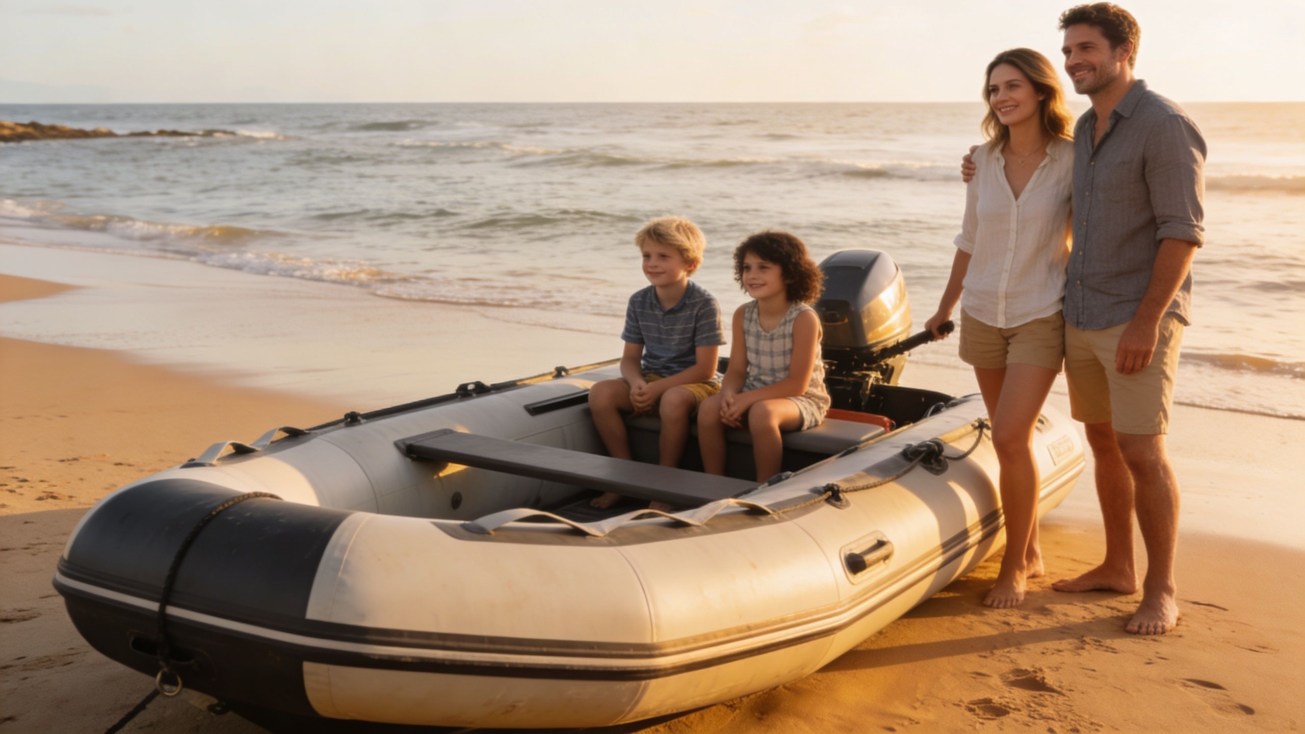 A family of four standing on a beach next to their inflatable rubber boat at sunset.