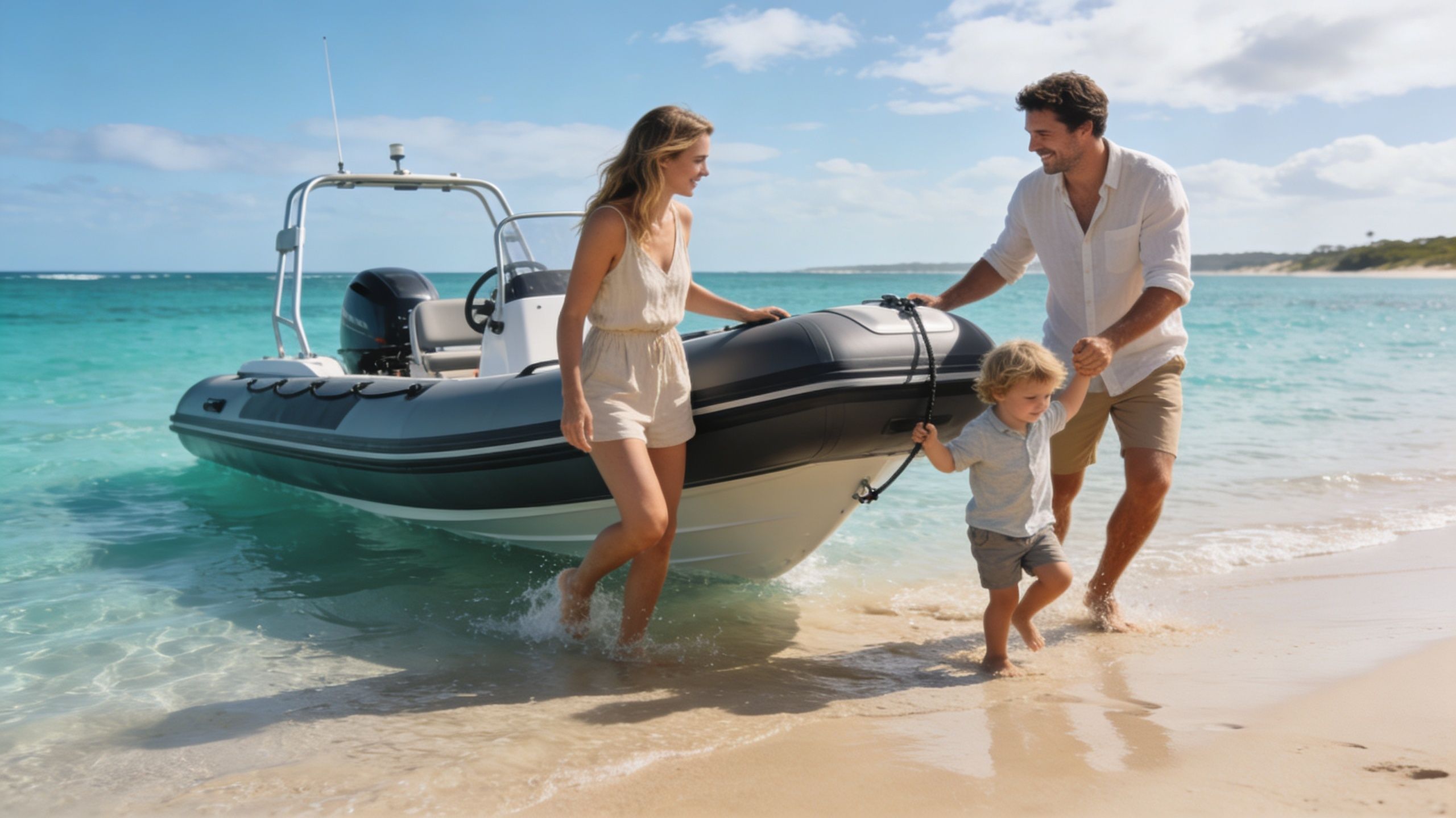 A family of three walking out of the turquoise ocean towards the beach beside their inflatable boat.