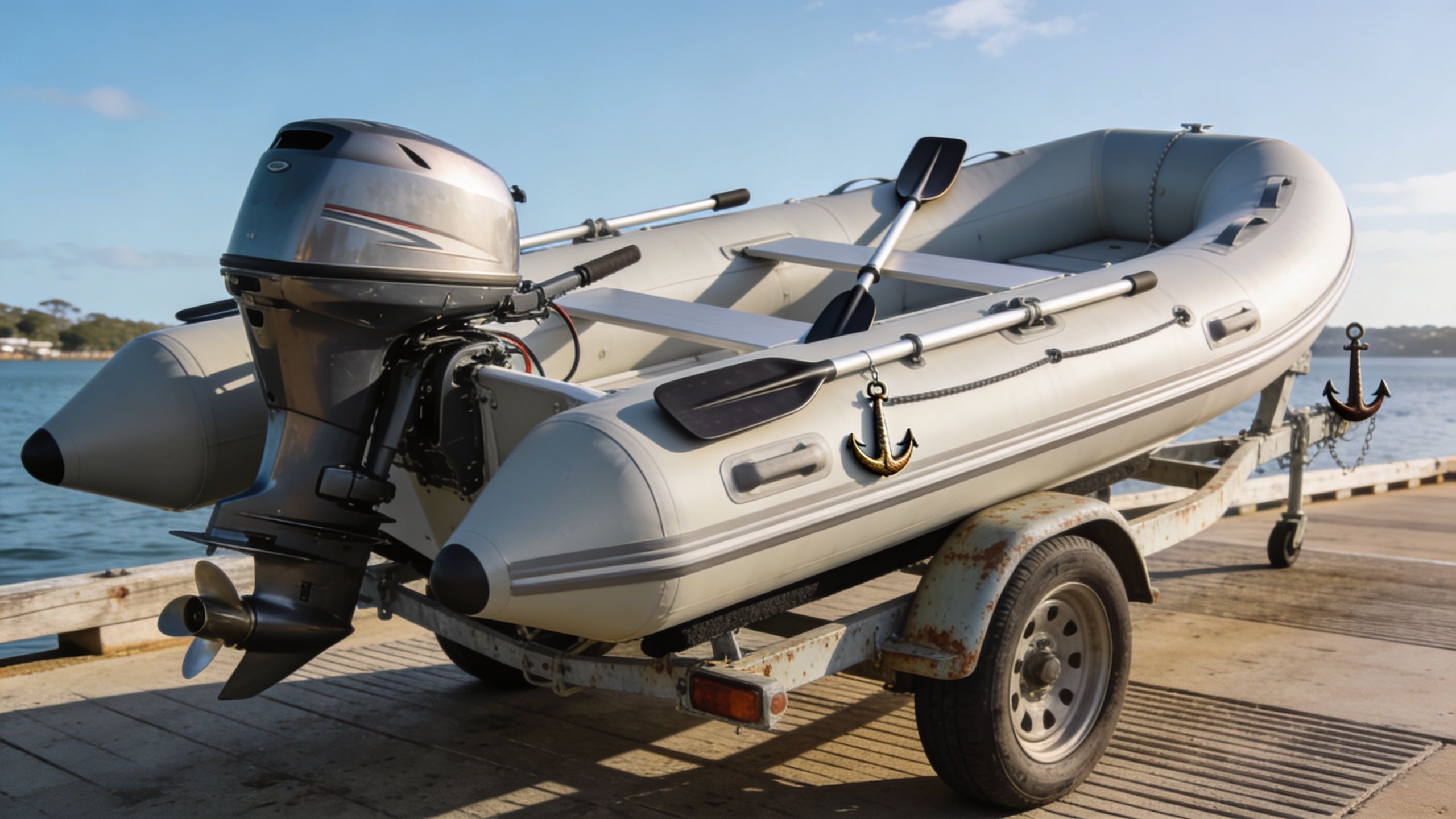 A gray inflatable boat with an outboard motor mounted on a trailer at a boat ramp.