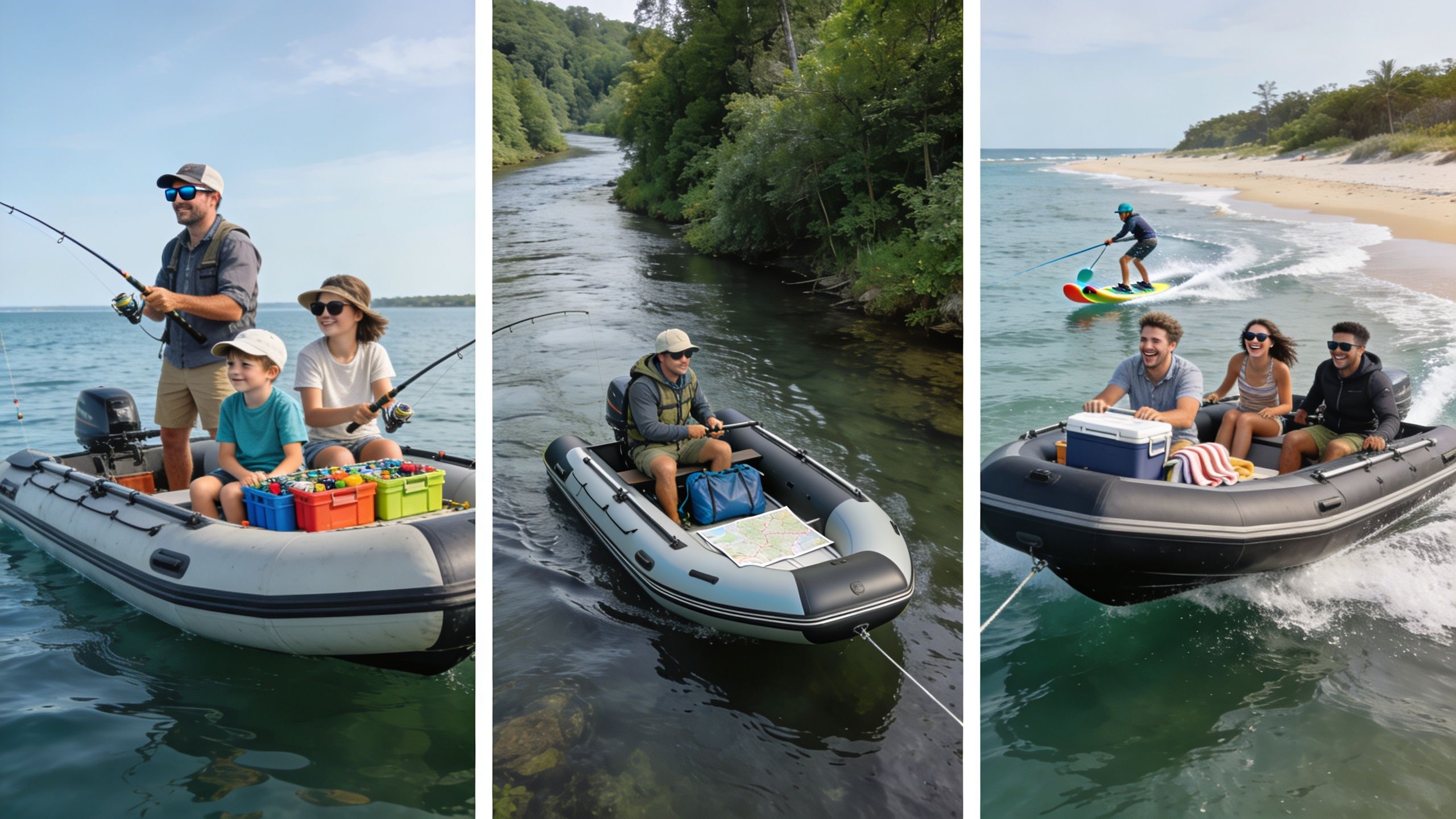A collage showing families and individuals enjoying fishing and recreational boating in durable gray inflatable boats.