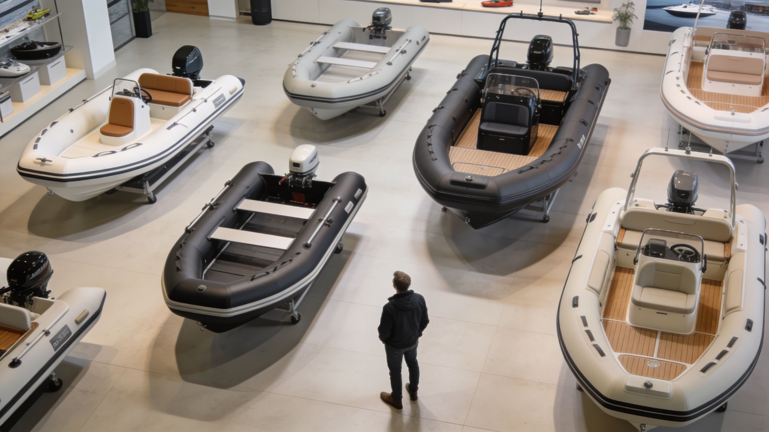 A person standing in a showroom filled with various inflatable boats on display for purchase.