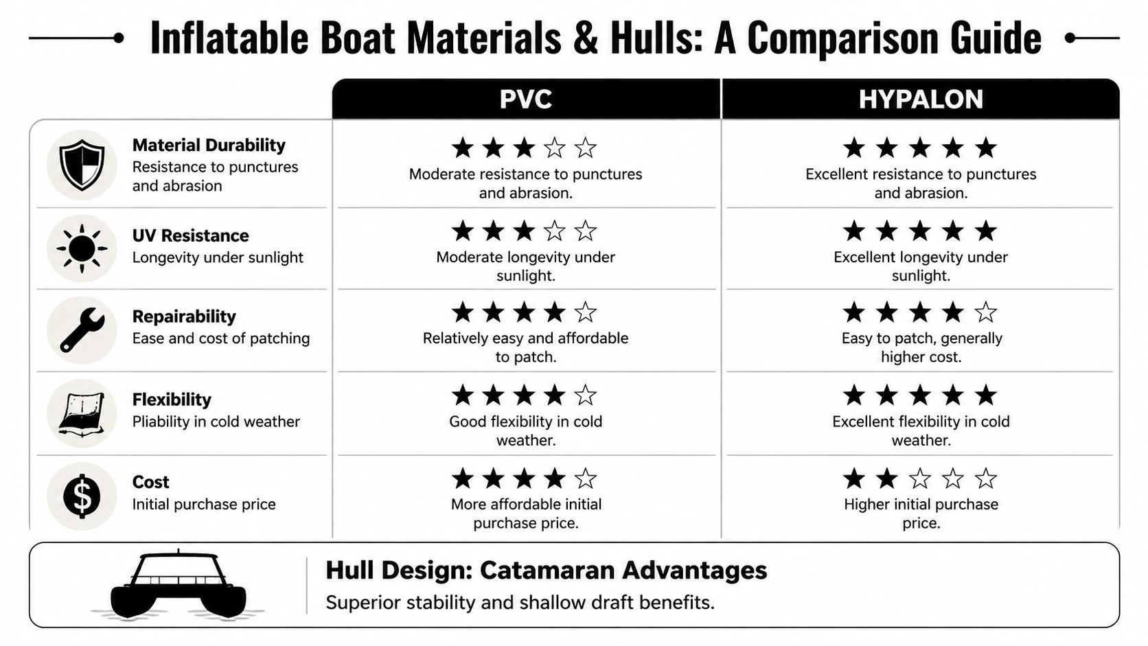 A comparison chart showing the differences between PVC and Hypalon materials for inflatable boat hulls and their benefits.