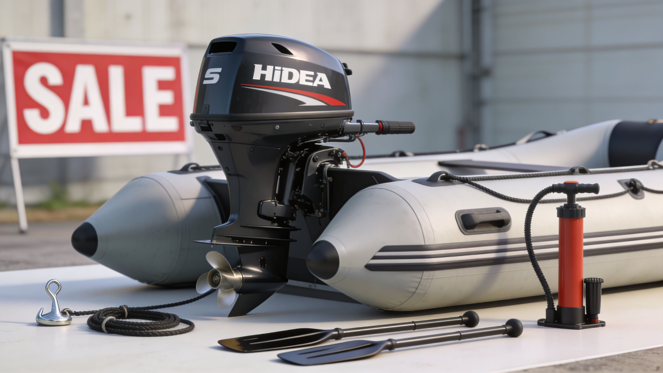 A Hidea 5HP outboard motor mounted on a grey inflatable boat with oars and a manual pump.