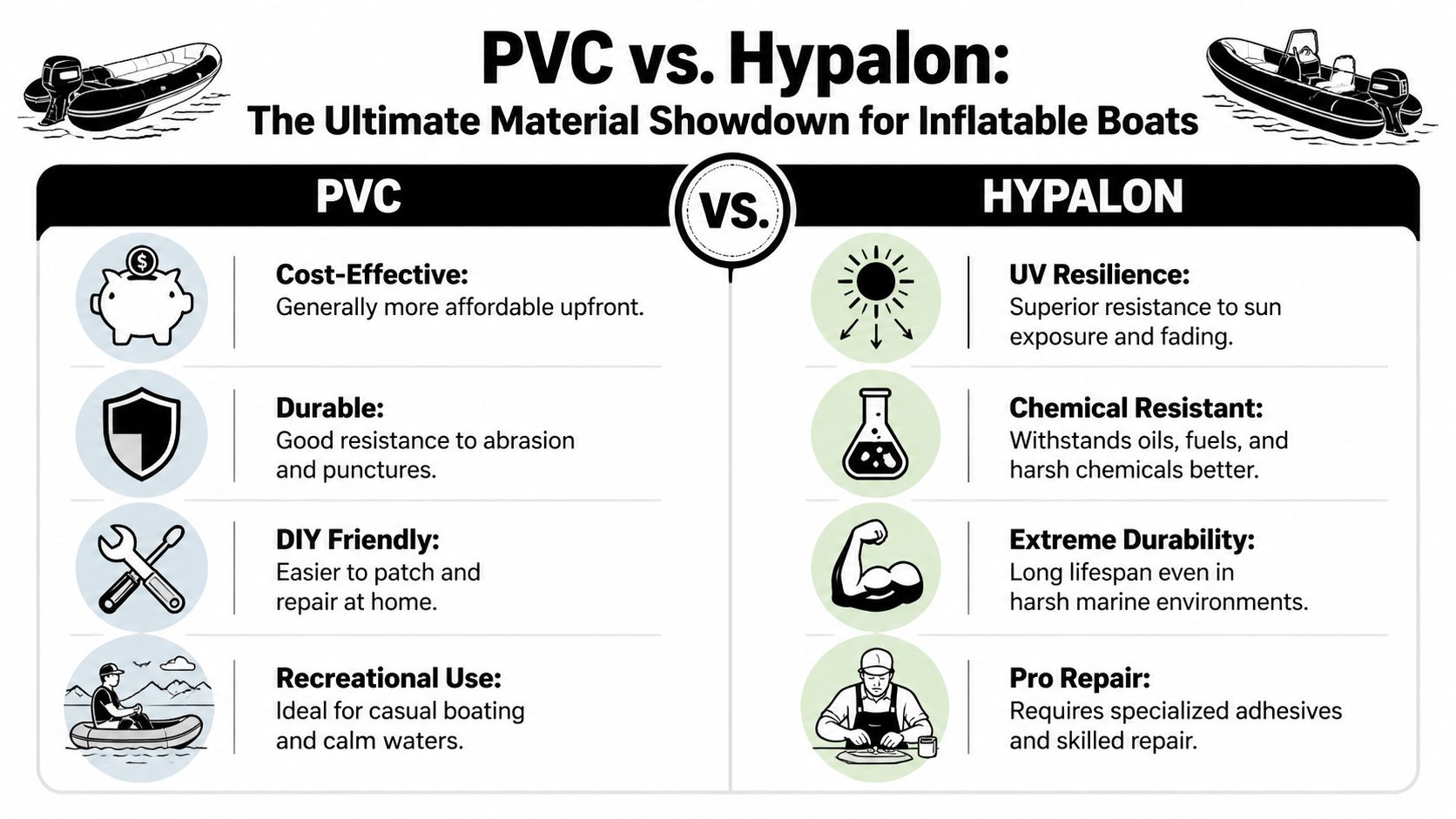 A comparison chart showing the differences between PVC and Hypalon materials for inflatable boats.