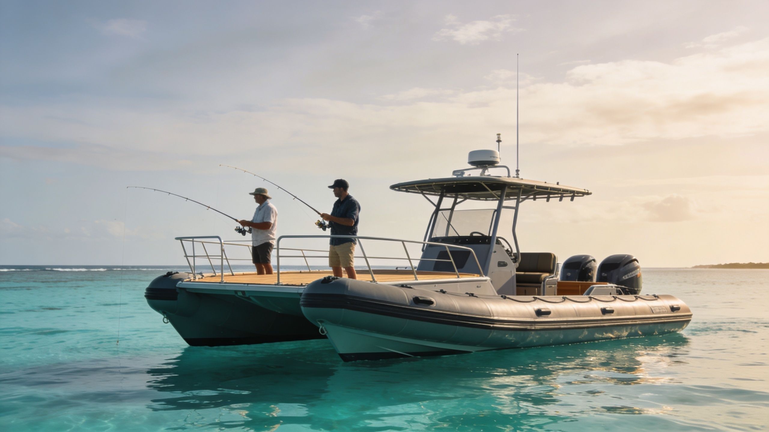 Two fishermen standing on a modern inflatable catamaran boat while fishing in calm turquoise ocean waters.