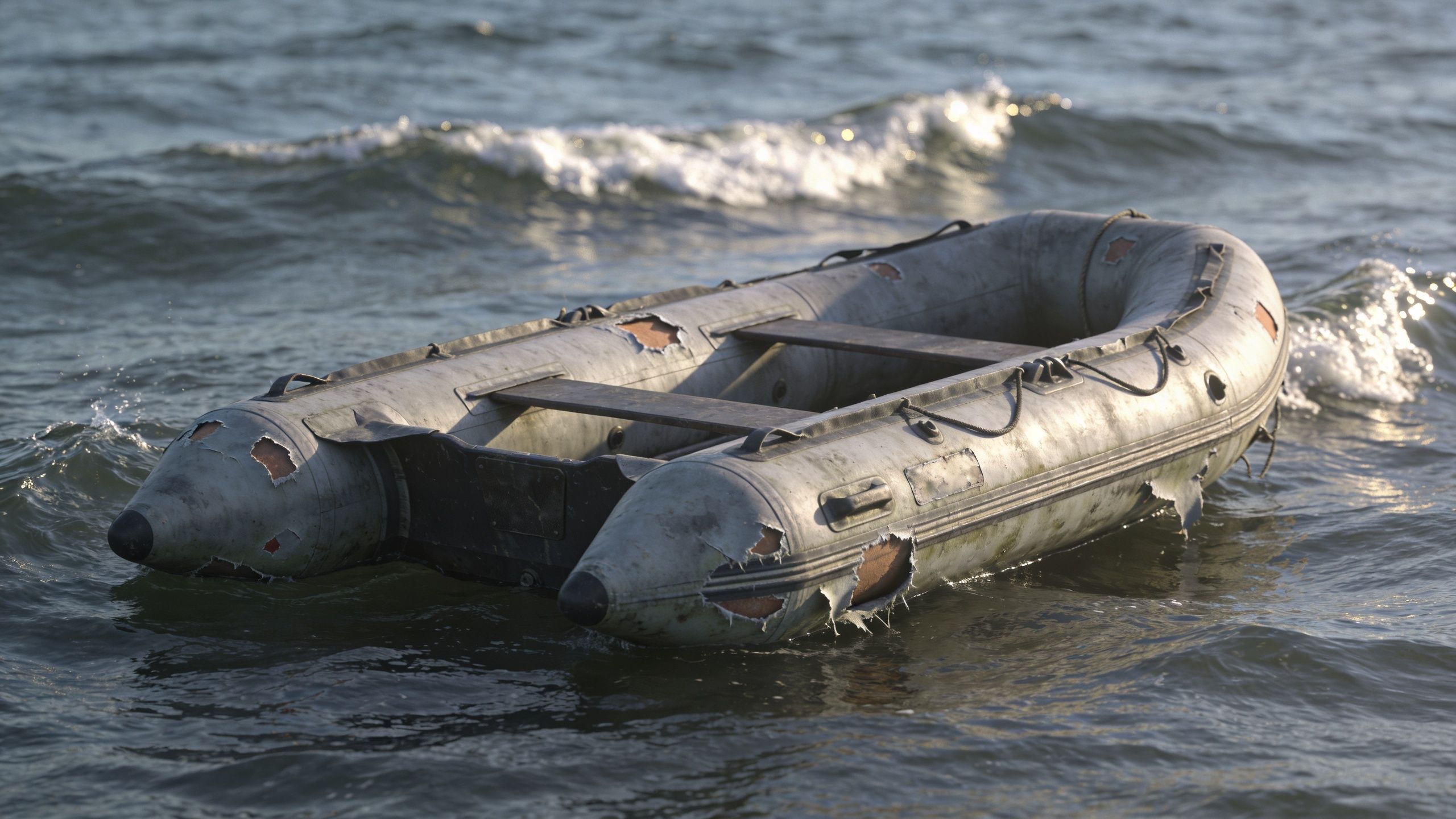 A weathered, damaged grey inflatable rubber dinghy floating on choppy, sunlit water in the open sea.
