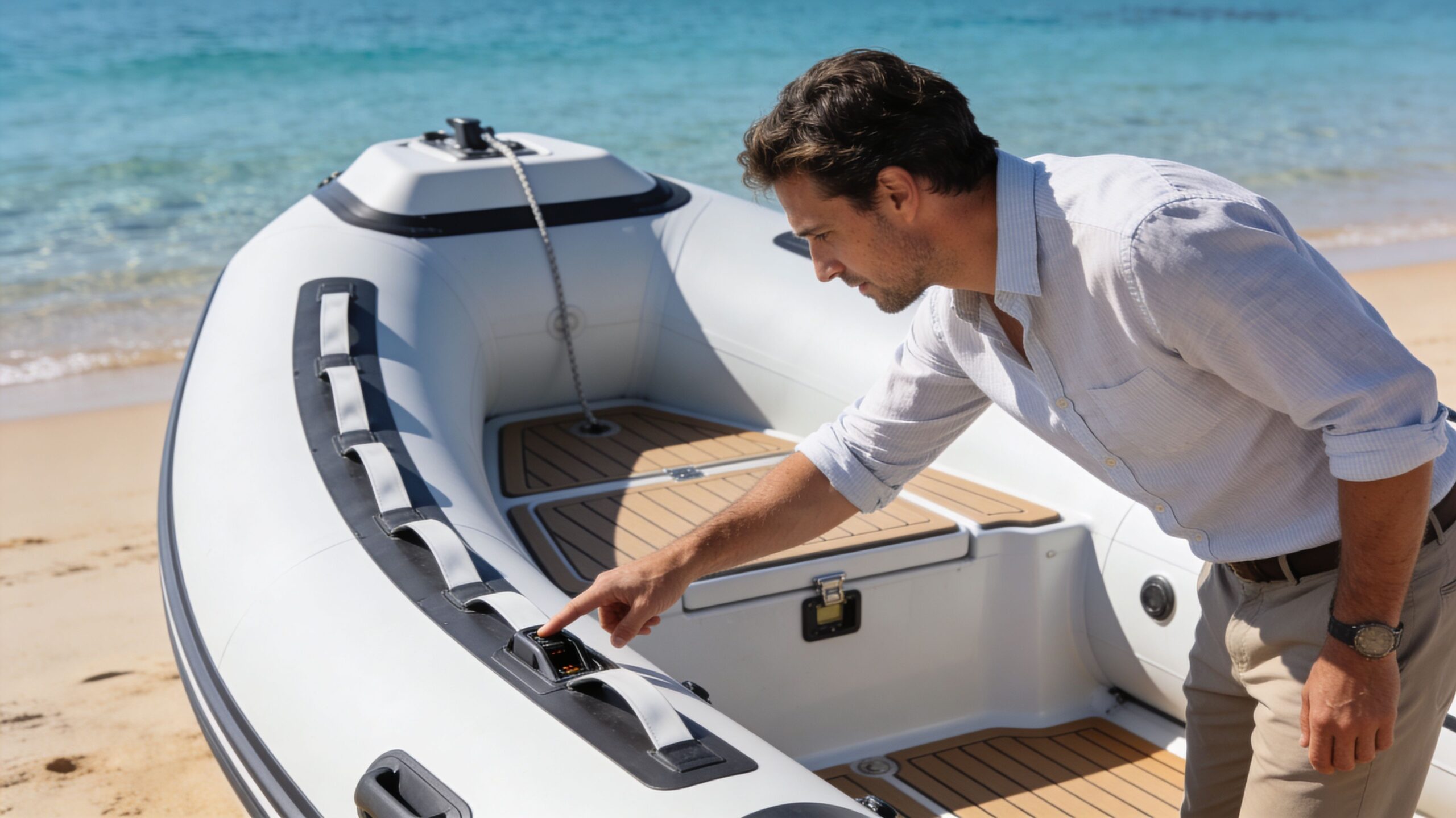 A man in a shirt and khakis touches the control panel of an inflatable boat on a beach.