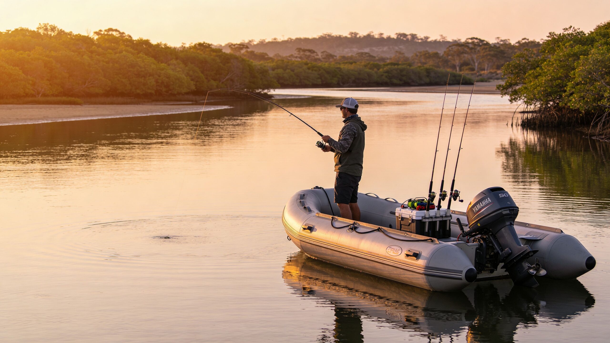 A person fishing from an inflatable boat in a serene Australian river at sunset.