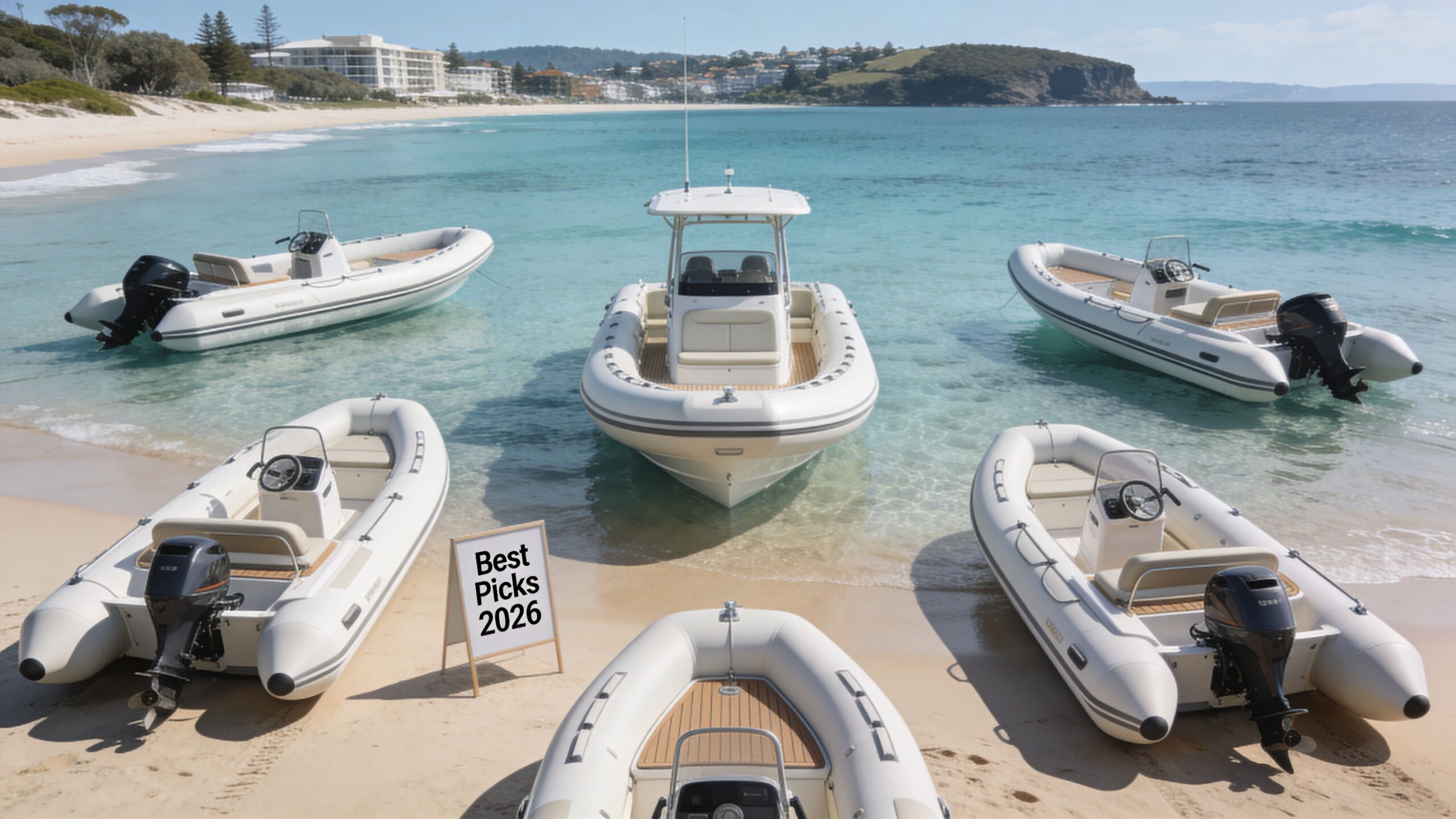 A scenic beach scene featuring several white inflatable rigid-hulled boats parked on the sand and water.