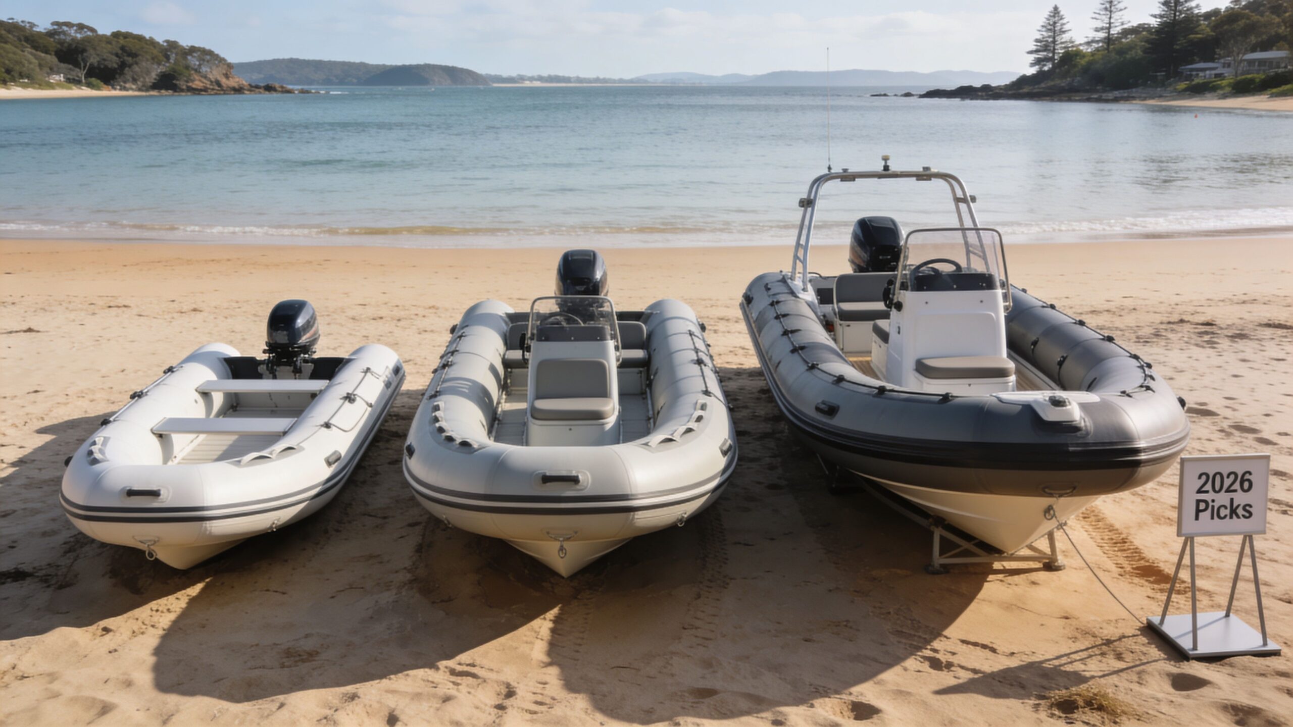 Three gray inflatable motorboats lined up on a sandy Australian beach under a bright sunny sky.
