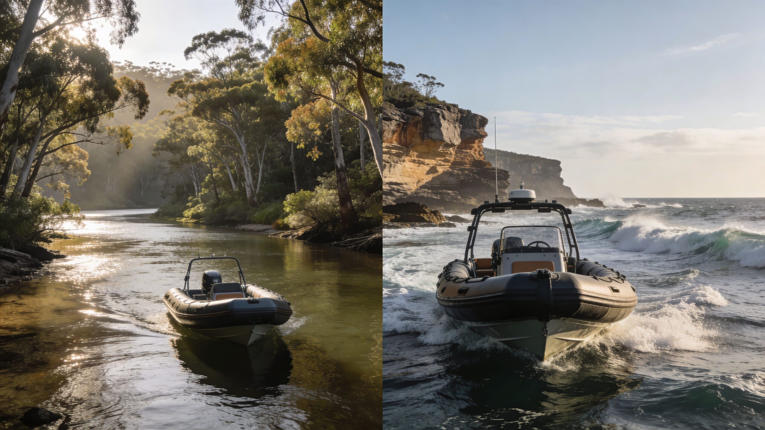 A dual image display of rigid inflatable boats cruising through calm Australian river waters and ocean waves.