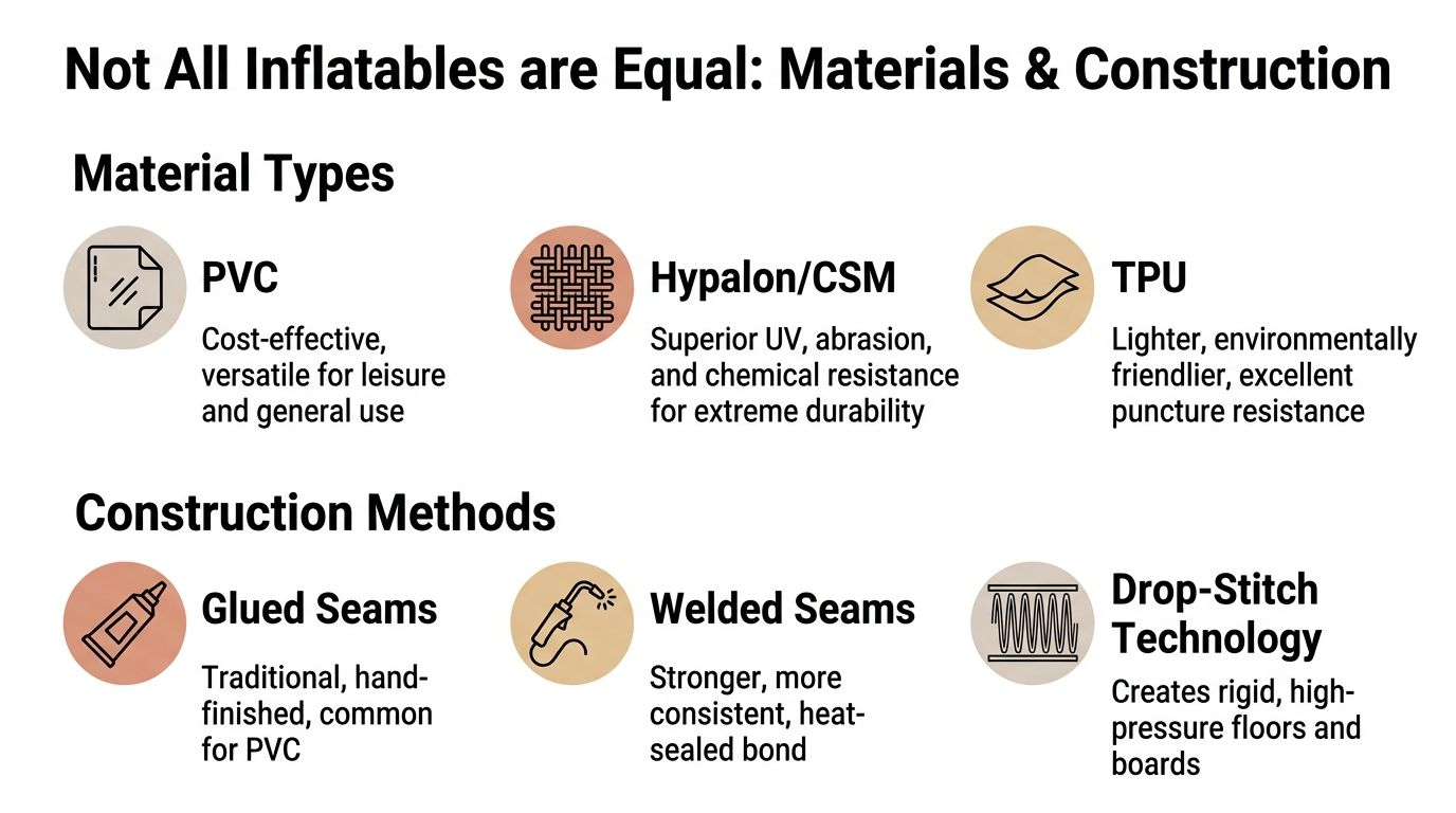 An infographic detailing different materials and construction methods used to build various inflatable boats and boards.