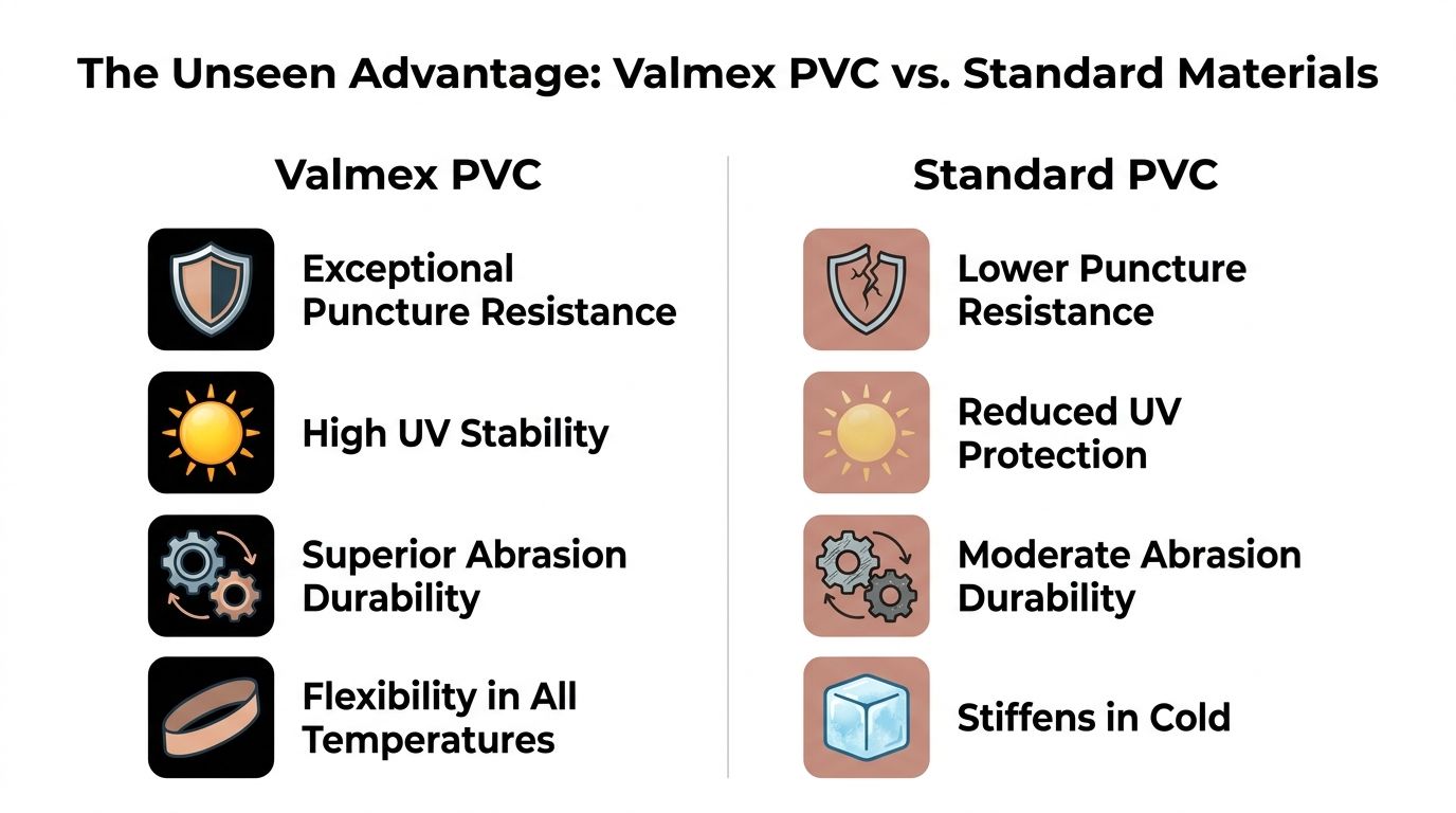 A comparison chart showing the performance benefits of Valmex PVC versus standard PVC material for inflatable products.