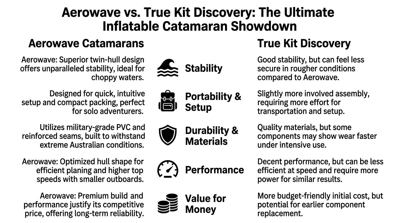 A comparison table showcasing the features and performance differences between Aerowave and True Kit Discovery inflatable catamarans.