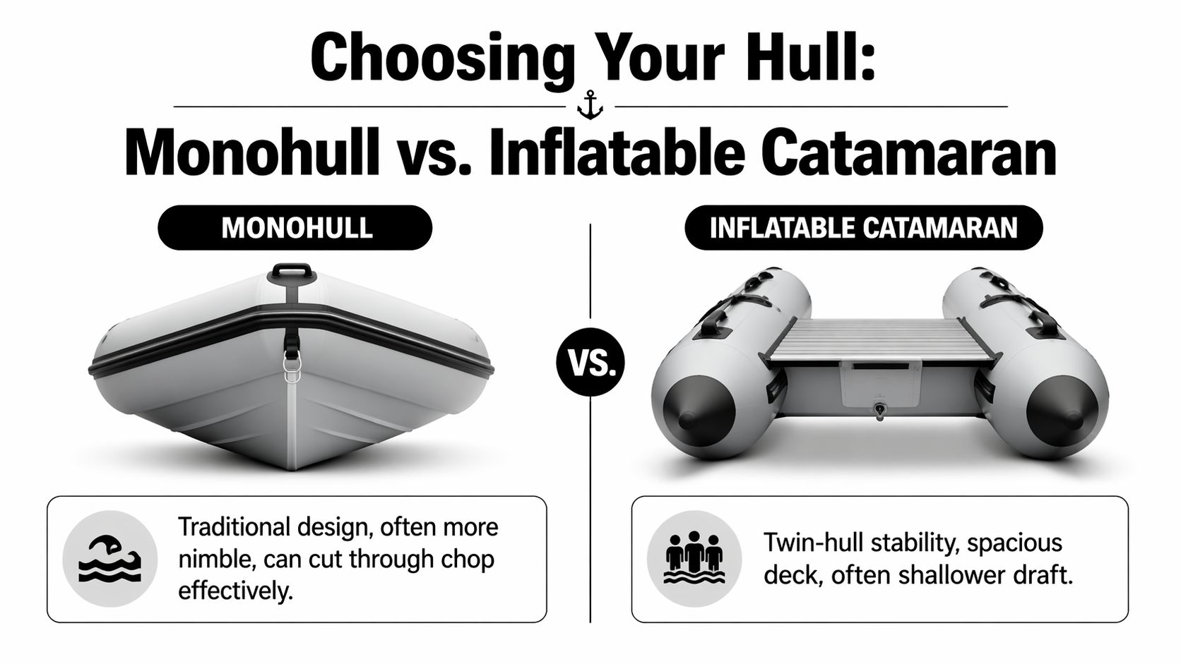 A comparison graphic between a traditional monohull inflatable boat and a twin-hull inflatable catamaran design.
