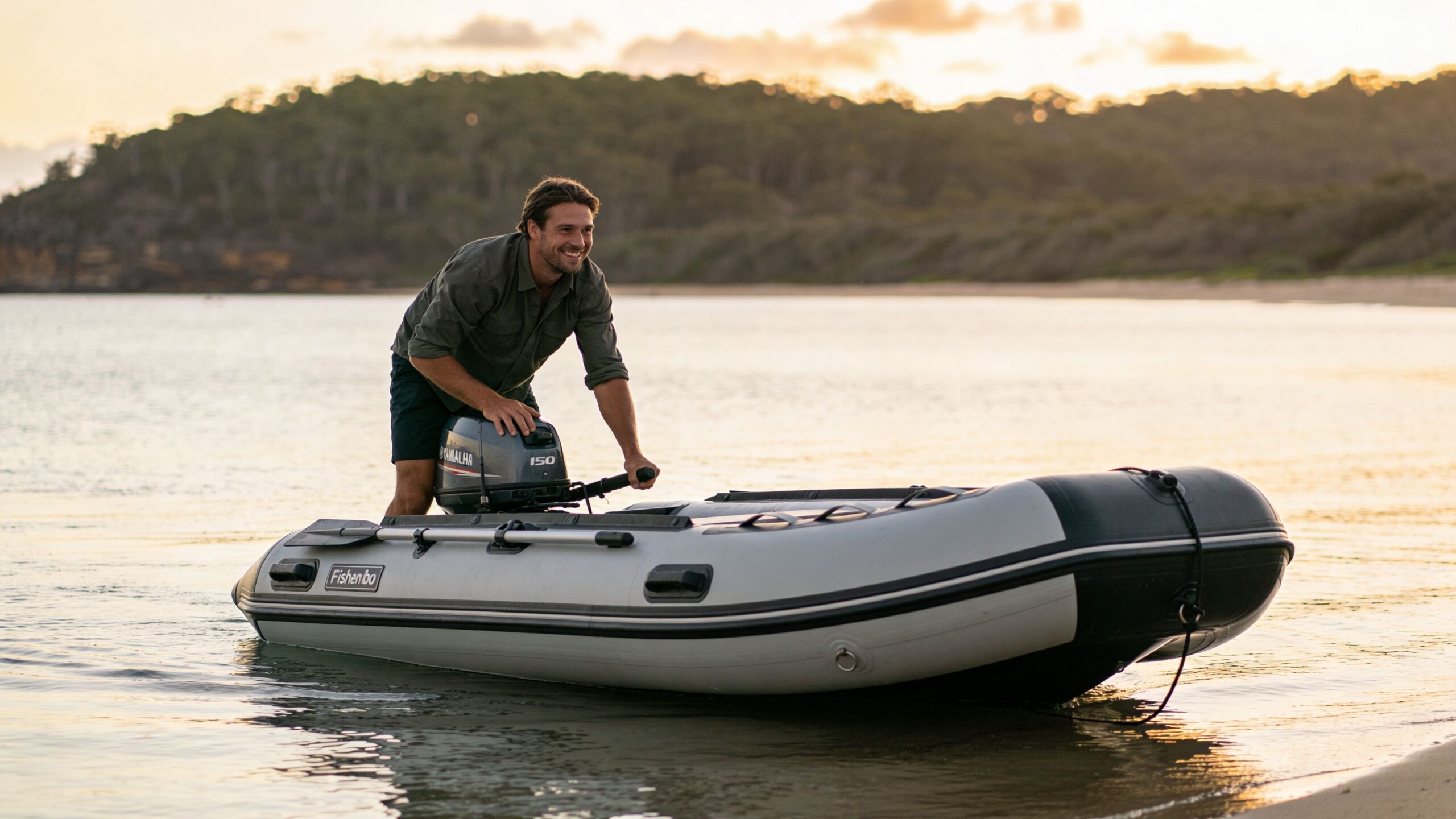 A man smiling while maneuvering an inflatable boat with a Yamaha outboard motor on a calm beach.