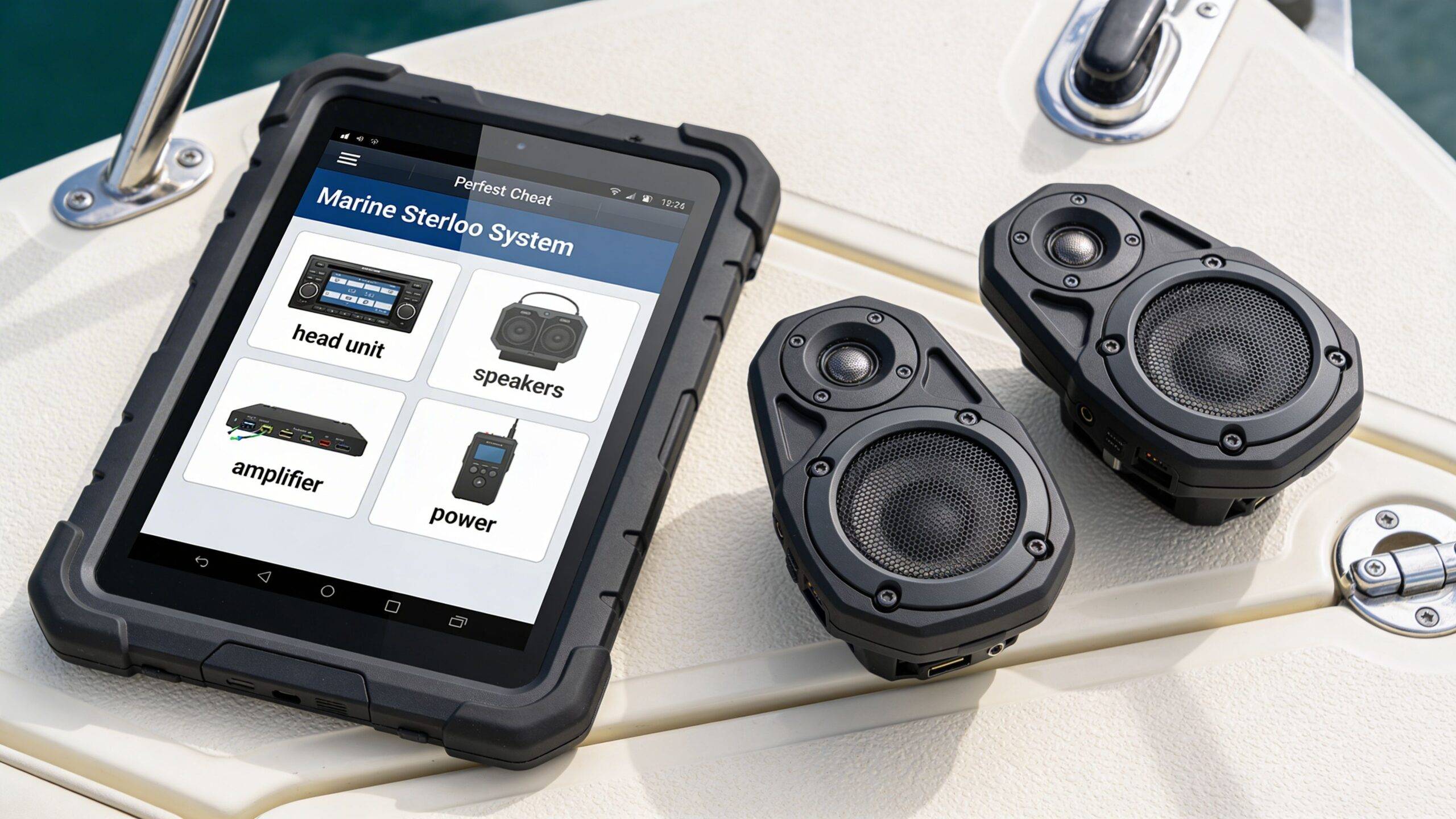 A tablet displaying a marine audio control app placed next to two black waterproof marine boat speakers.