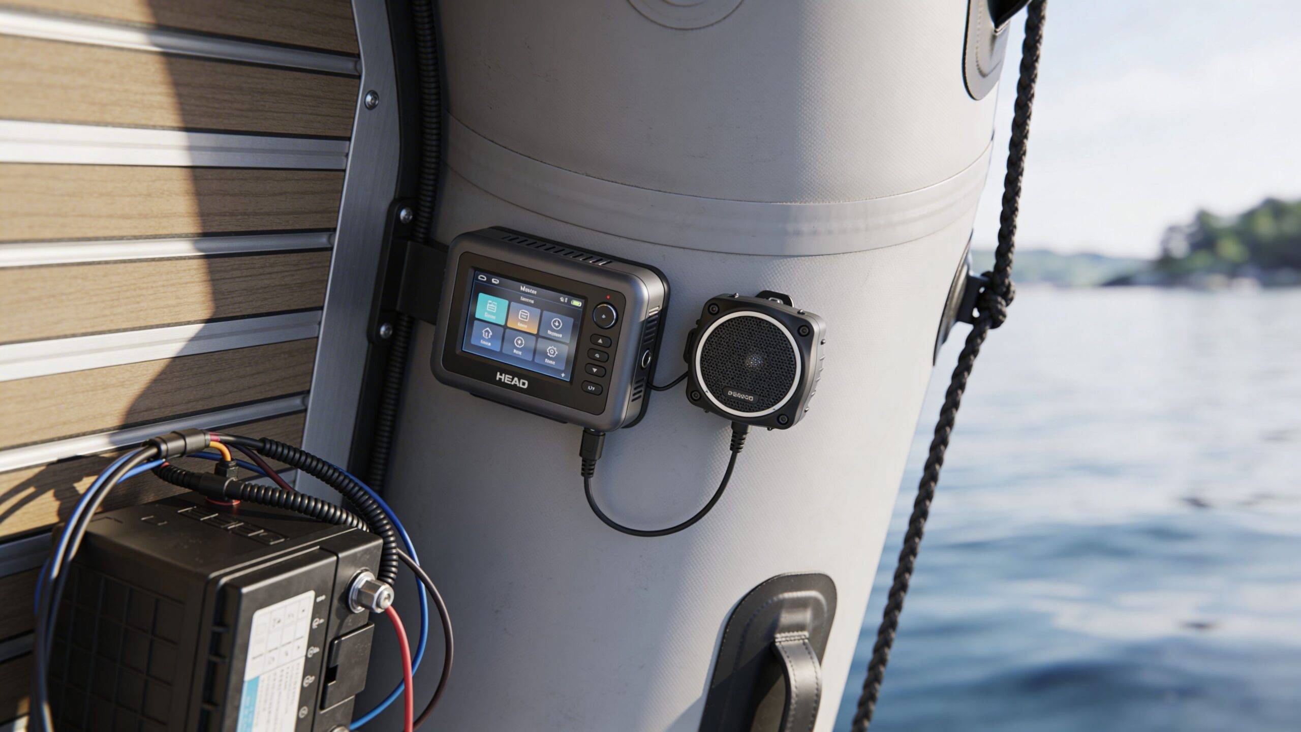 Digital display unit and external speaker mounted on the side of a modern inflatable rubber boat