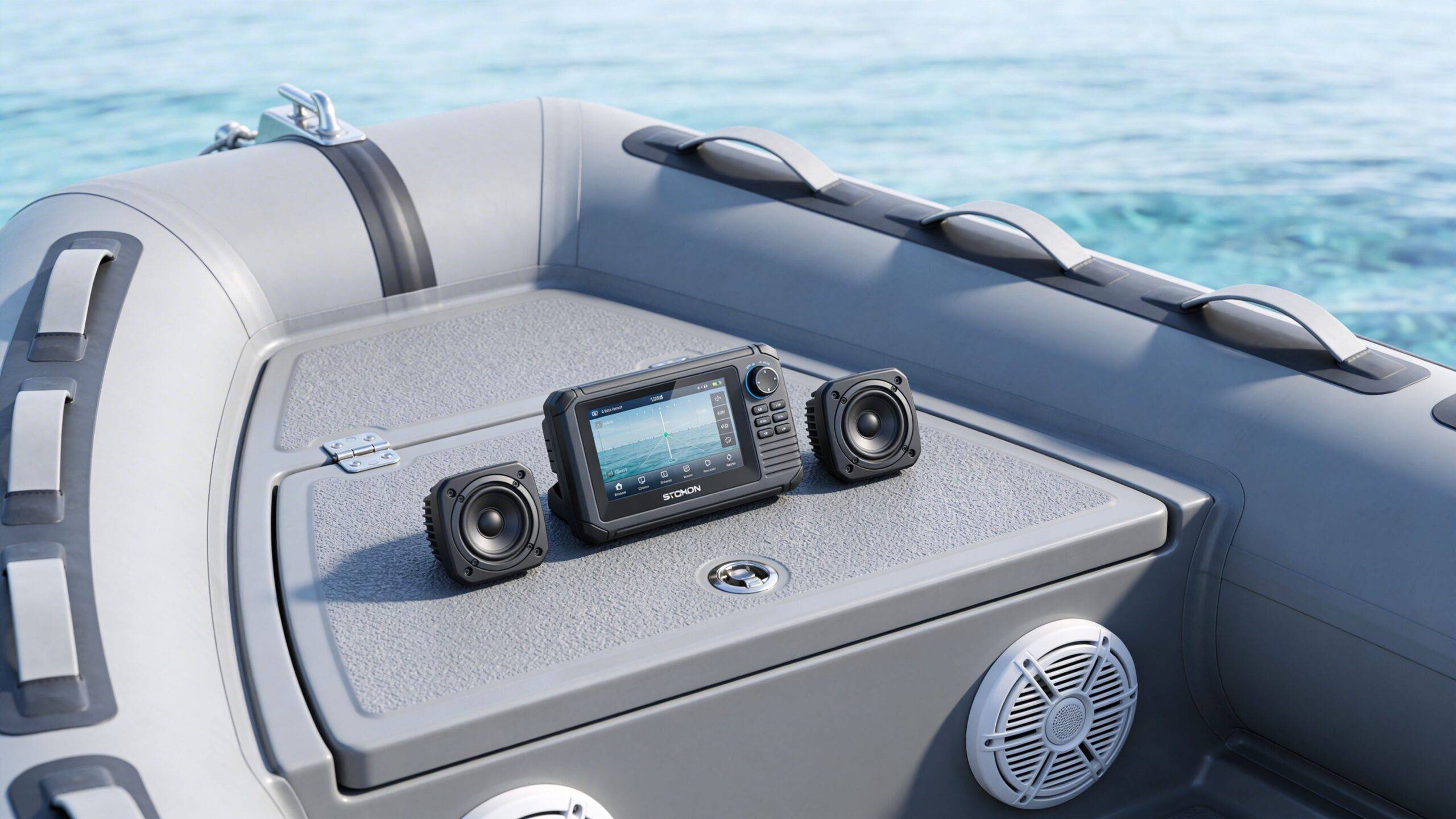 A marine boat stereo system with a display screen and speakers mounted on a gray inflatable boat deck.