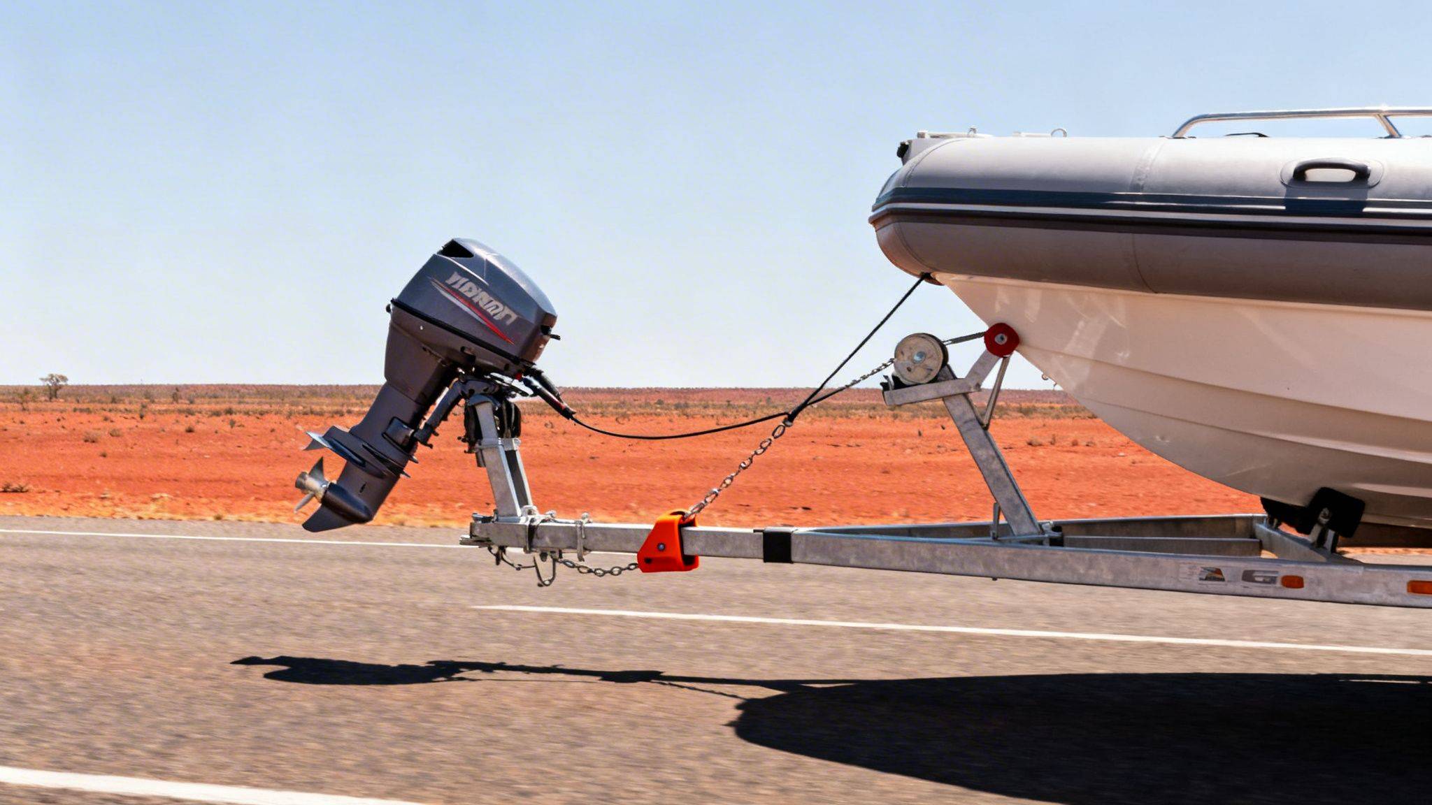 Outboard motor and boat on a trailer, traveling on a road through a red, arid landscape.