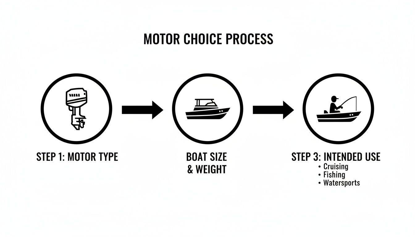 Flowchart illustrating the motor choice process based on motor type, boat size, and intended use.